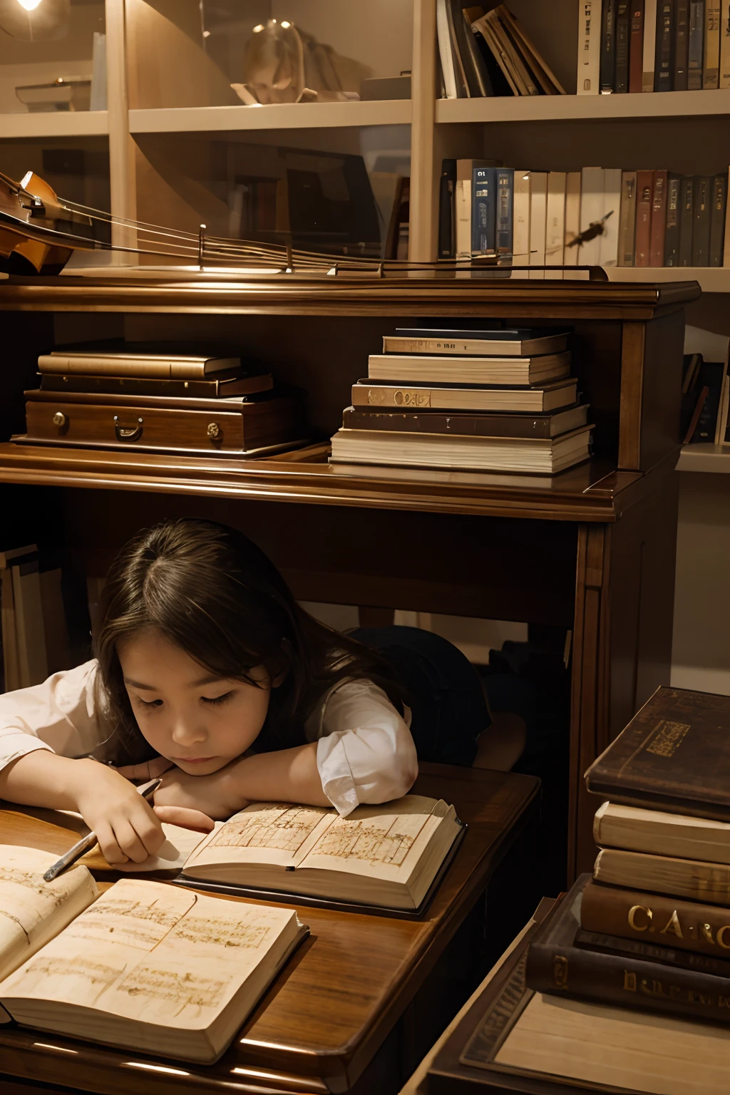 Your is lying on his desk doing homework,The books on the table were stacked high,Piano in background、Violins and other musical instruments
