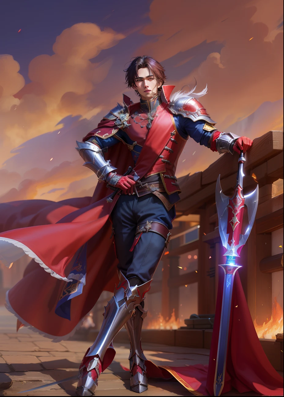 a close up of a person with a sword and a red cape, zhongli from genshin impact, son of sparda, keqing from genshin impact, skinny male mage, cyborg nobleman, skinny male fantasy alchemist, picture of a male cleric, confident knight's outfit, inspired by Huang Shen, delicate androgynous prince