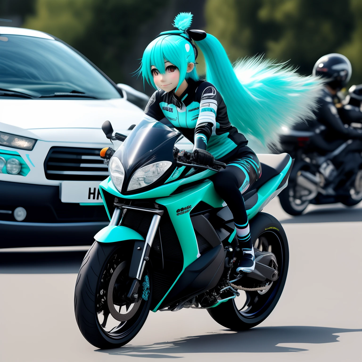 Hatsune Miku riding a sports bike