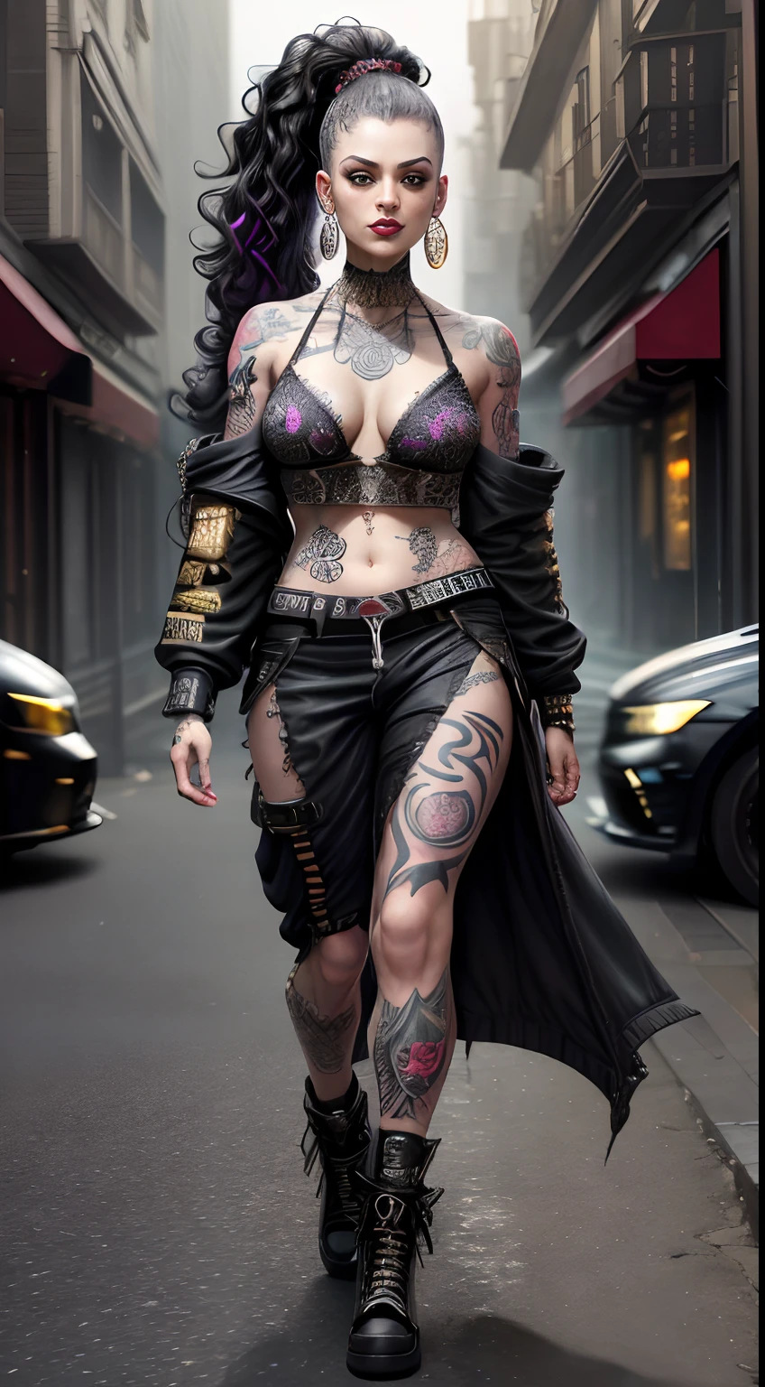 Full body view wearing random badass printed sexzy outfit Badass Gothic tattooed aggressive angry smile look she smoking ,pale eyes ,dusky skin, dark colors ,3d of the very beautiful.very curly hair pony tail,Her skin is adorned with vibrant tattoos that showcase her rebellious nature., ciachuro, intricate detail ,sharps focus , background street punk 32K, HDR, concept art ,dark fantasy ,vanishing point ,dynamic angle queen rapper hip hop baggy saggy style clothes looking at viewer, arms out bling gold jewelry, tattoos, observatory, finely detailed background, amazingly intricate background, incredibly absurdres, best quality