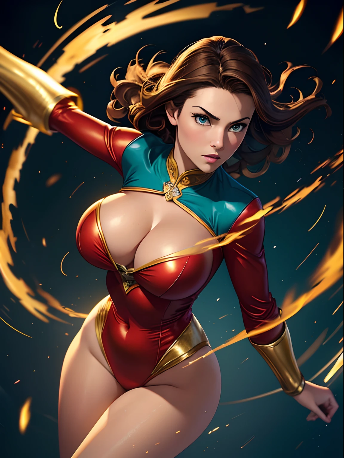 ((best quality)), ((masterpiece)), ((ultra realistic)), (dynamic twirl pose), american, beautiful detailed face, detailed eyes, sexy reporter, dressed in a red leotard, highly detailed, professional, bare legs, (full body costume design), standing, brown hair, medium hair, green eyes, yellow knee boots, long blue sleeves with red cuffs, yellow hawk-shaped crest engraved on chest, cowboy shot, spinning energy pulse, light particles, wind swirls, spinning blur, spinning tornado, super spin, time travel, tornado spin