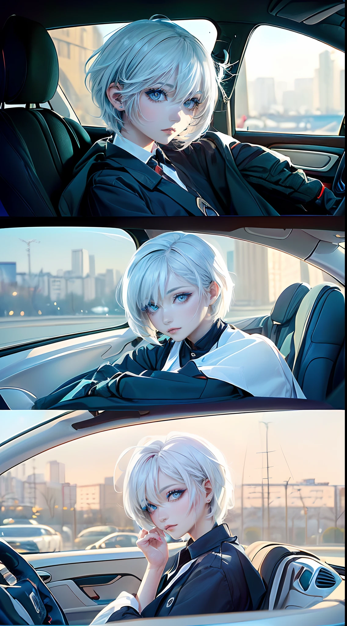 ((4K works))、​masterpiece、(top-quality)、One Beautiful Girl、Slim body、tall、((Cool Fashion))、(Detailed beautiful eyes)、Daytime city、((In the car))、Sit in the passenger seat、guido、Driving、((Stylish cityscape seen from the window、((Face similar to Carly Rae Jepsen))、((Short-haired white hair))、((Smaller face))、((Neutral face))、((Bright blue eyes))、((American adult women))、((Adult female 26 years old))、((cool lady))、((Like a celebrity))、((Gentle expression))、((Korean Makeup))、((elongated and sharp eyes))、((Happy dating))、((boyish))、((Upper body photography))、Professional Photos、((Shot alone))、((He sits in the back seat))、((shot from a side angle))、((He sits far away))