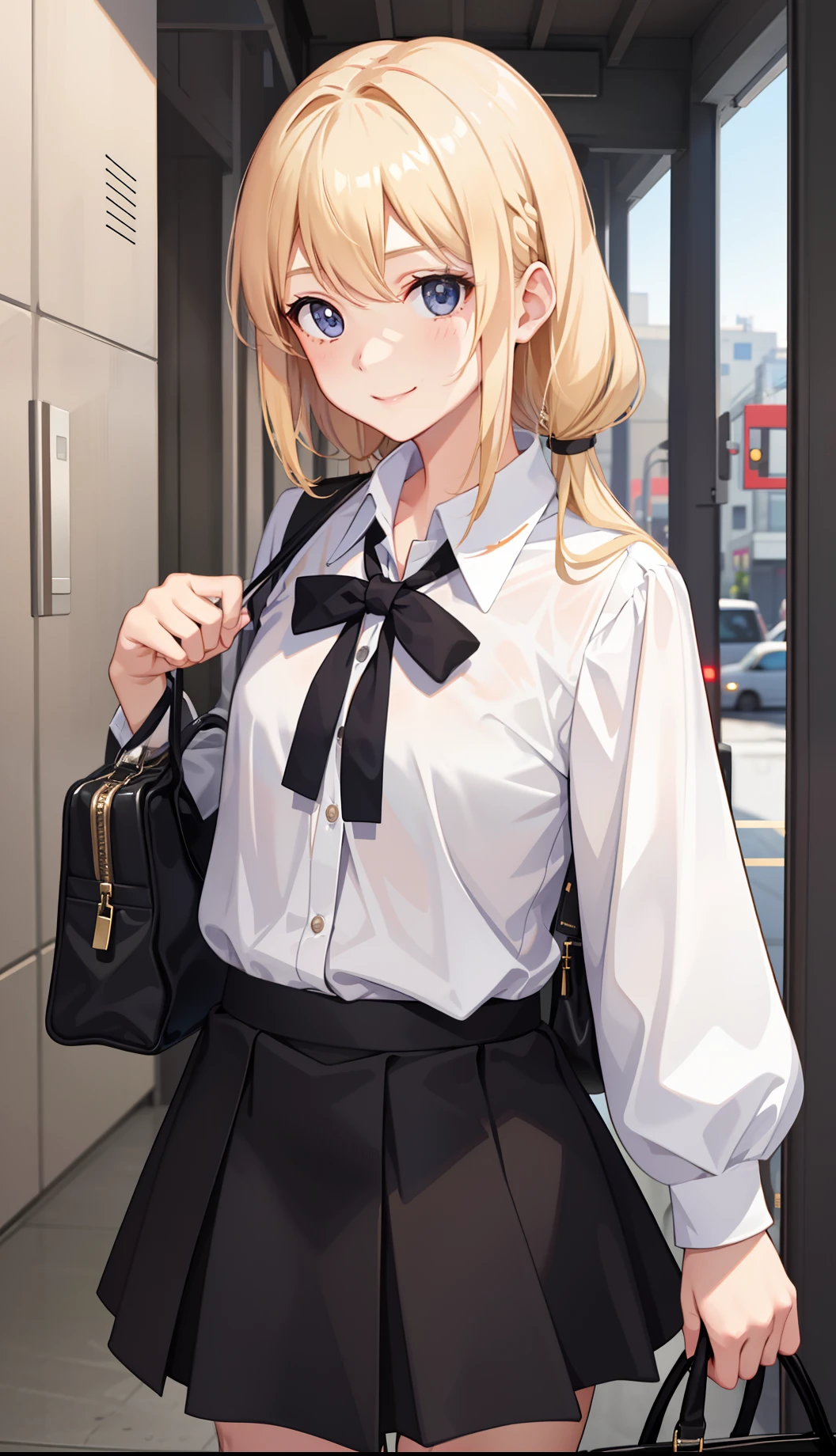 1girl in、A smile、The shirt、Blouse、skirt by the、(small tits)Chilarism、movement、blonde hair、