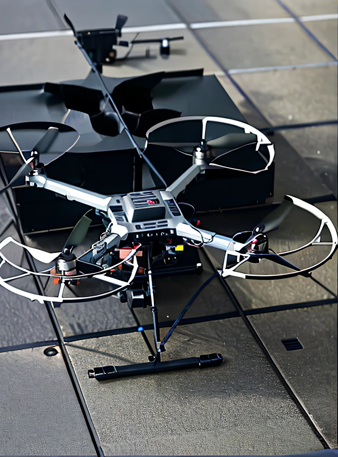 Arafeld UAV，A camera is installed on it，Sit on the tiled floor, UAVs, UAVs, FPV, drone wide shot, looming drone, Self-restraint, wide overhead shot, dji top down view, [ down view ]!!, airborne view, top - view, top - down view, Top-down view, robotic drones, Punk drones, top down shot