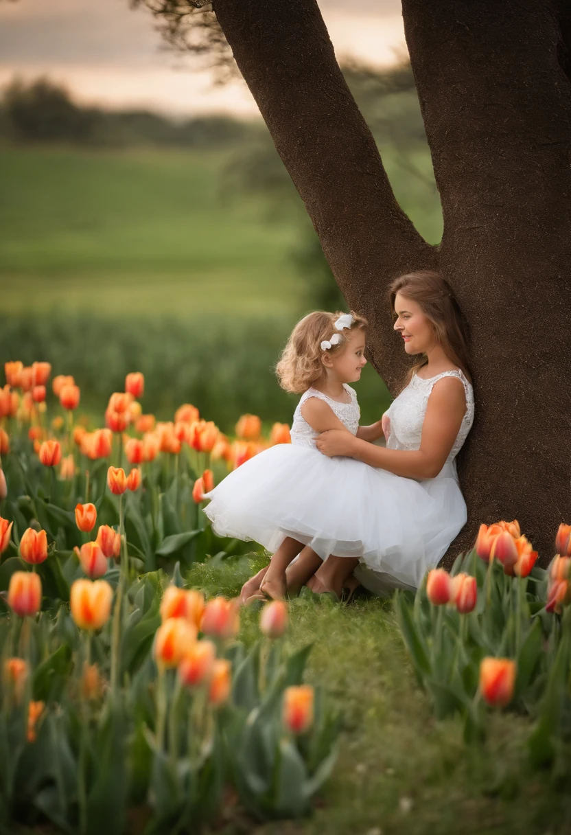 Fondo de una pradera hermosa con pasto muy verde y algunos arboles en un amanecer, 1 abuelo sentado en una silla de madera,cabello muy corto, color blanco, color de piel crema,Holding 1 5-year-oirl oer legs,cabello negro, ojos cafes, con 2 trensas, con un vestido de color azul,con detalles blancos,sujetando en su mano izquierda un tulipan de color azul, en la pradera hay algunos tulipanes de colores variados, algunos arboles rojizos y verdes