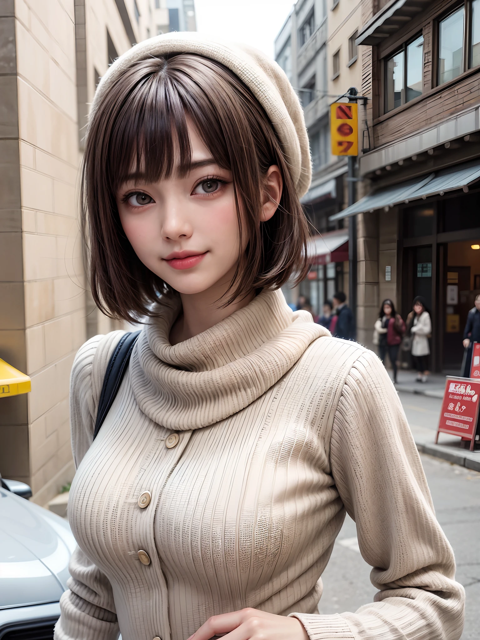 (masutepiece:1.4, top-quality:1.4、Add intense highlights to the eyes:1.4、Lustrous hair:1.4 ),1girl in, 独奏, A dark-haired, scarf, Hats,, realisitic, looking at the viewers, black eyes of light color, shorth hair, coat, Winter clothes, White headscarf, s lips, lipgloss:1.4,bangss,,a closed mouth, The upper part of the body、big eye、Lashes、((Street))、((Shorthair with bangs、big eye、Put very strong highlights in your students、{Gigantic|Big|Huge|Mega} breasts, cleavage、very Bigger breasts、gazing at viewer、Very beautiful beauty、Put your ears out、long neck、little smiling、Close your mouth and smile)))、Beautiful adult woman full of charm:1.4