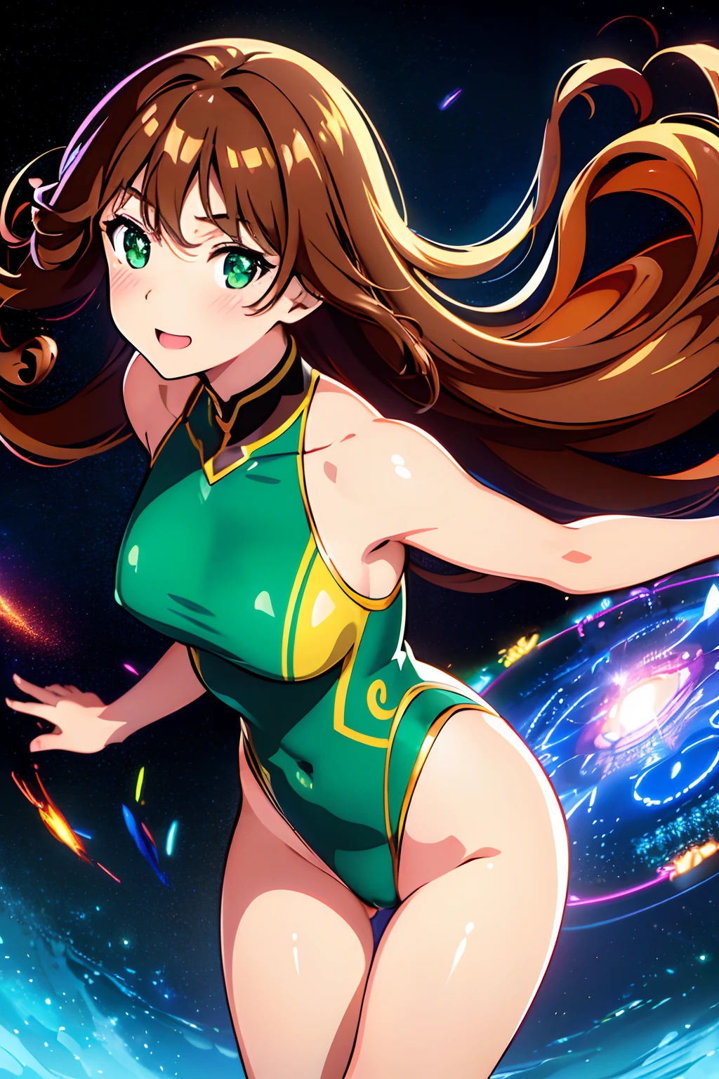 ((masterpiece, best quality, highres, UHD, perfect pixel, depth of field, 4k, RTX, HDR))), 1girl, single, solo, beautiful anime girl, beautiful artstyle, anime character, ((long hair, bangs, dark brown hair, simple hair pin)), ((green eyes:1.4, detailed eyes, beautiful eyes, perfect eyes,curly eyelashes, realistic eyes)), ((detailed face, blushing:1.2)), ((smooth texture:0.75, realistic texture:0.65, photorealistic:1.1, anime CG style)), medium breasts, ((dynamic angle, cowboy shot)), perfect body, ((red and brown leotard, bare legs, boots, gloves)), smile, open mouth, hand behind back, leaning forward, amusement park, atomic particles, body glowing, blue glow, spread arms, twirling, cyclone spinning