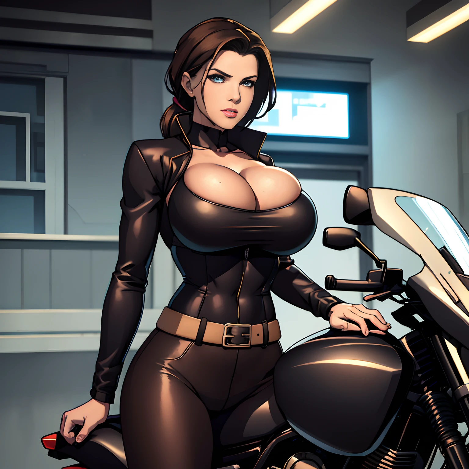 (masterpiece, top quality, best quality, official art, beautiful and aesthetic:1.2), (1girl:1.3), (gorgeous face), light freckles, fair skin, brown hair, extremely detailed, portrait, looking at viewer, solo, (full body:0.6), detailed background, close up, (airy modern theme:1.1), extremely busty but very slender motorcycle girl, ponytail, big lips, arched back, flexing, charlatan, smirk, mysterious, riding a street bike, motorcycle, sports bra, black jacket, leather pants, motorcycle helmet, bullet bike, motorcycle, cyberpunk city street, well-lit, thin and toned physique, ((((gigantic breasts, cleavage, skindentation)))), slim waist, slim hips, long legs, modern (city exterior:1.1) background, dark mysterious lighting, shadows, magical atmosphere, dutch angle,