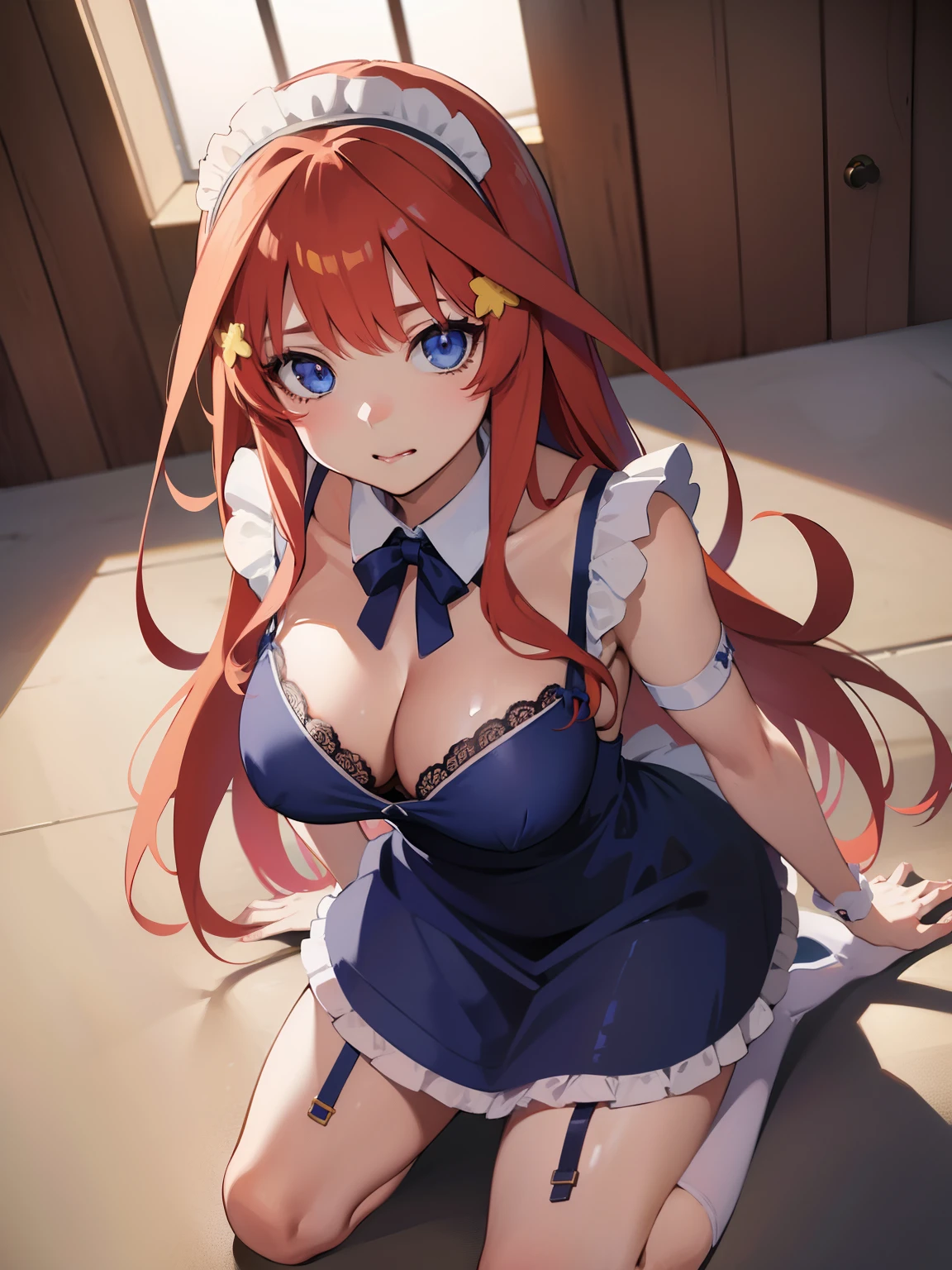 1girl, Anime girl with long hair, anime moe art style, Anime visuals of cute girls, Anime Best Girl, itsuki nakano fanart, pretty anime girl, Smooth Anime CG Art, Seductive Anime Girl, charming anime girls, Cute anime girl, Shining eyes, big boobs, (((((leaning forward))))), ((looking at viewer)), (((((seductive face))))), close up, red hair, blue eyes, (((maid lingerie dress))), bedroom, ahago, ((from above)), (((kneeling)))
