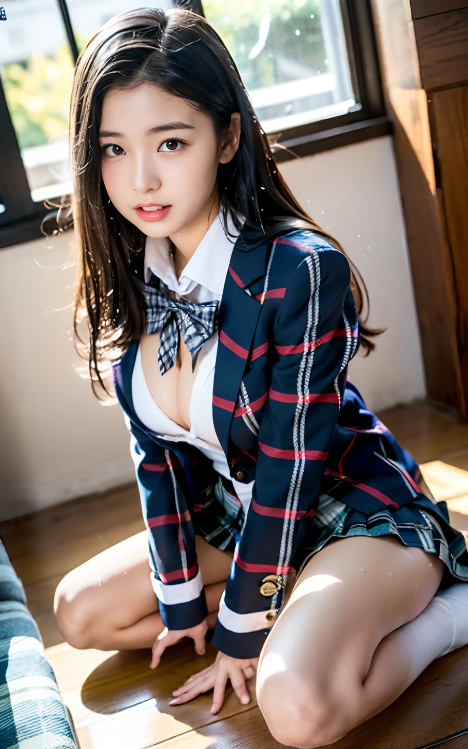 extremely detailed CG Unity 8k wallpapers、Top  Quality、extremely highly detailed、​masterpiece、realisitic、Photo real、very detailed cute girl、18 years-old、School girl sitting cross-legged on the floor、sophisticated gravure idol、young gravure idol、young pretty gravure idol、realistic young gravure idol, young sensual gravure idol、young skinny gravure idol、(High school student in Japanese school uniform)、(skirtlift)、(Lifting by yourself)、Low angle、Red blush、Reddened lips、looking looking at viewer、semi-body shot、(Large crowds)、(Crowded school shoe racks)、(Japanese high school uniforms and designated shoes)、(dark blue blazer:1.2)、(plaid skirt:1.5)、(White shirt for students)、 (Long Tai:1.2)、(Light brown random hair)、(white pantie)、(Carmel Two)、(Black loafers:1.5)、(beautifull face:1.3)、(perfectly proportions:1.2)、(Long paws:1.2)、(tiny boobs:1.3)、(The panties can be seen under the skirt)、(textured skin)、(Japanese high school uniform soaked in rain)、A face that looks like it is about to cry、((Wet hair、Wet skin))、appearance々each、(Wet white panties)、sexy facial expression、Dark blue cardigan、Evening sunlight、selfee, (Sit on your knees:1.5), (Spread your legs apart:1.5)