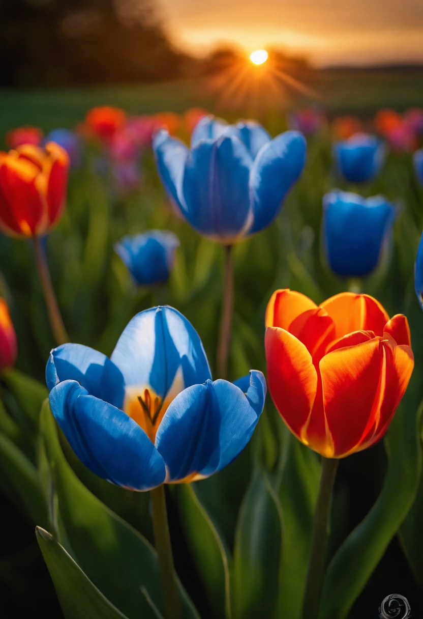 Amanecer, pradera, abuelo y su nieta agarrados de la mano, tulipanes de color azul