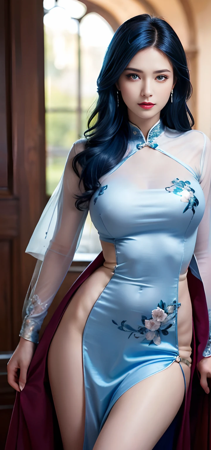 (Hyperrealistic), (illustration), (high resolution), (8K), (Extremely detailed), (Best Illustration), (Beautiful detailed eyes), (Best quality), (Ultra-detailed), (Masterpiece), (the wallpaper), (Photorealistic), (Natural light), (rim lit), (Detailed face), (Highly detailed realistic skin textures), (Anatomically correct), (Solo), (1 girl), (high detailed realistic hair), (Blue hair:1.2), spiked hair, (Heterochromic eyes), (detailed green eyes), (Small moles under the eyes), (Realistic big breasts:1.5), (Exposed breasts:1.3), (Long legs), (Slender abs), (Dynamic pose), (Closed mouth:1.3), (traditional cheongsam outfit), (Sheer clothes:1.5), NSFW,nakeness