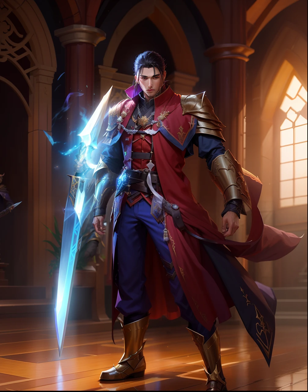a man in a suit holding a sword and a sword, young shadow mage male, skinny male mage, heise jinyao, inspired by Huang Shen, inspired by Li Kan, picture of a male cleric, sylas, a human male paladin, t-pose of male magic wizard, evil male sorcerer, inspired by Shen Zhou, mage