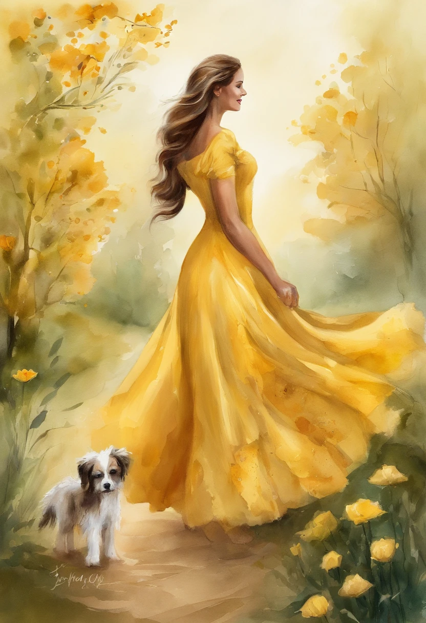 Prompt: Uma garotinha incrivelmente charmosa de vestido amarelo e cabelos castanhos escuro, accompanied by her adorable puppy, desfrutando de um lindo passeio de primavera cercado por belas flores amarelas e paisagens naturais. The illustration is in high definition at 4k resolution, with highly-detailed facial features and cartoon-style visuals.