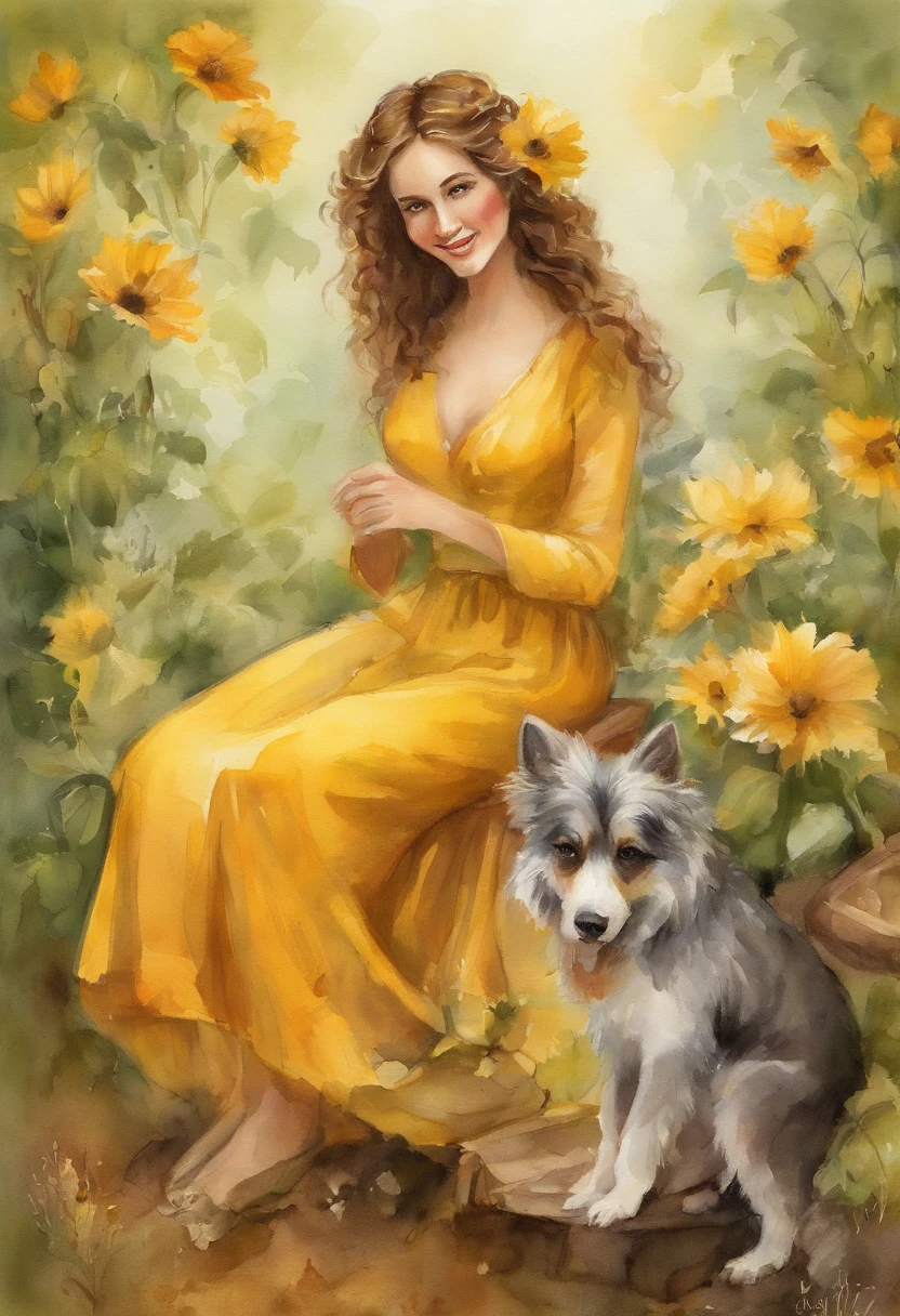 Prompt: Uma garotinha incrivelmente charmosa de vestido amarelo e cabelos castanhos escuro, accompanied by her adorable puppy, desfrutando de um lindo passeio de primavera cercado por belas flores amarelas e paisagens naturais. The illustration is in high definition at 4k resolution, with highly-detailed facial features and cartoon-style visuals.