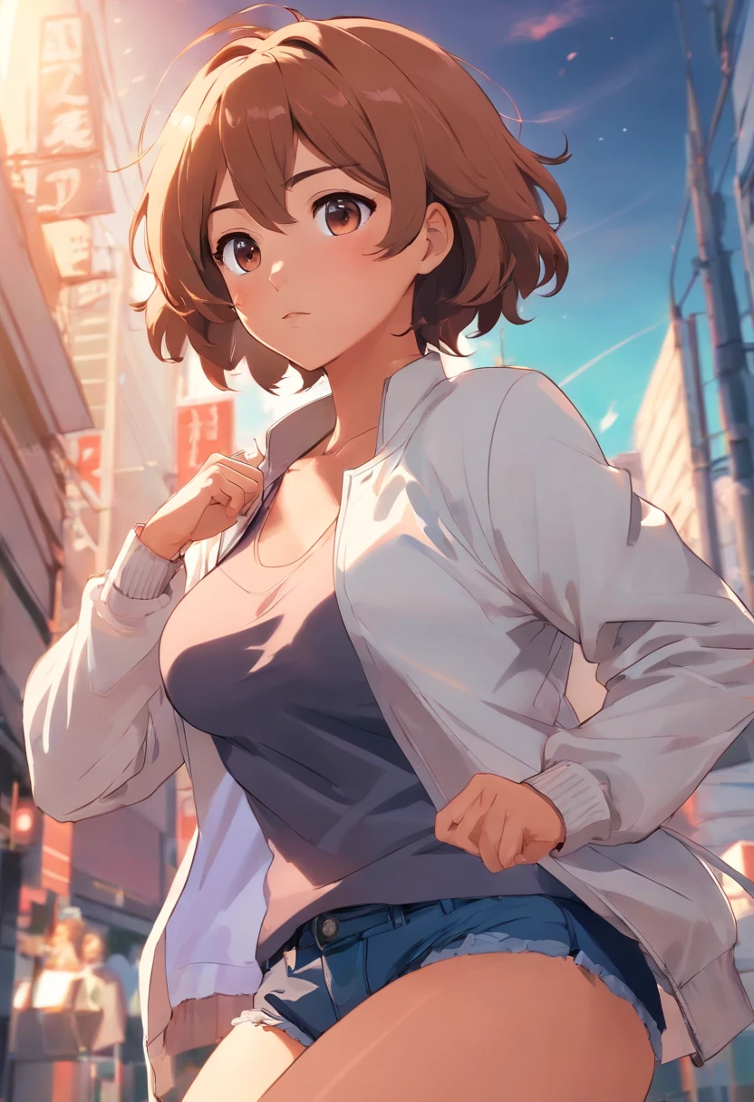 Tan skin, female, anime, gigantic breasts, tan hair, short hair, curly hair, wide hips, white jacket, black bra, open jacket, massive thighs, freckles, thick lips, mature woman