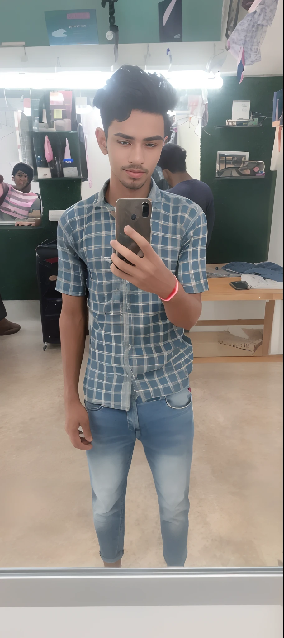 there is a man standing in front of a mirror looking at his cell phone, full body picture, wearing in shirt, around 1 9 years old, frontal pose, full body in camera, jayison devadas style, very very low quality picture, mohamed chahin style, with accurate face, wearing a shirt, very accurate photo, in style of davey adesida