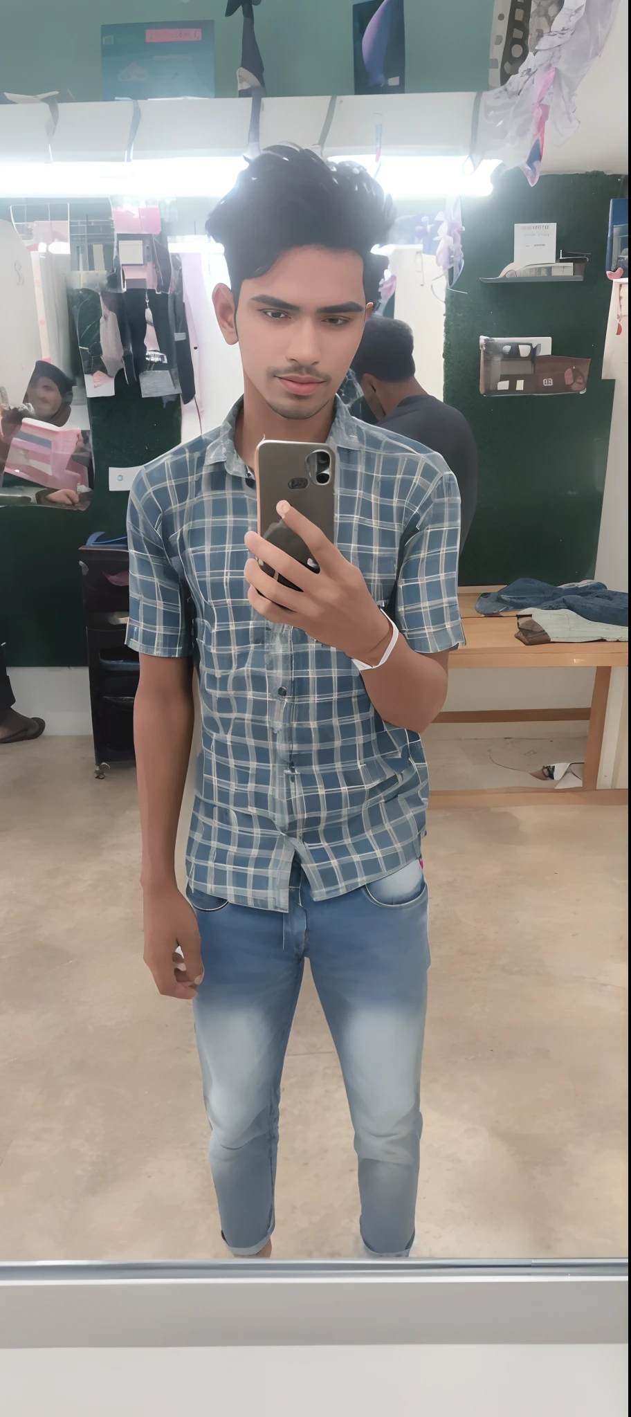 there is a man standing in front of a mirror looking at his cell phone, full body picture, wearing in shirt, around 1 9 years old, frontal pose, full body in camera, jayison devadas style, very very low quality picture, mohamed chahin style, with accurate face, wearing a shirt, very accurate photo, in style of davey adesida