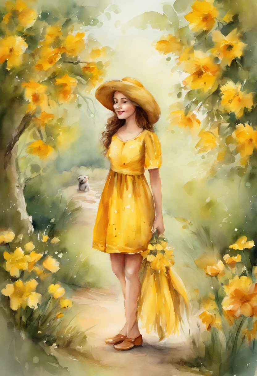 Prompt: Uma garotinha pequena incrivelmente charmosa de vestido amarelo, accompanied by her adorable puppy, desfrutando de um lindo passeio de primavera cercado por belas flores amarelas e paisagens naturais. The illustration is in high definition at 4k resolution, with highly-detailed facial features and cartoon-style visuals.