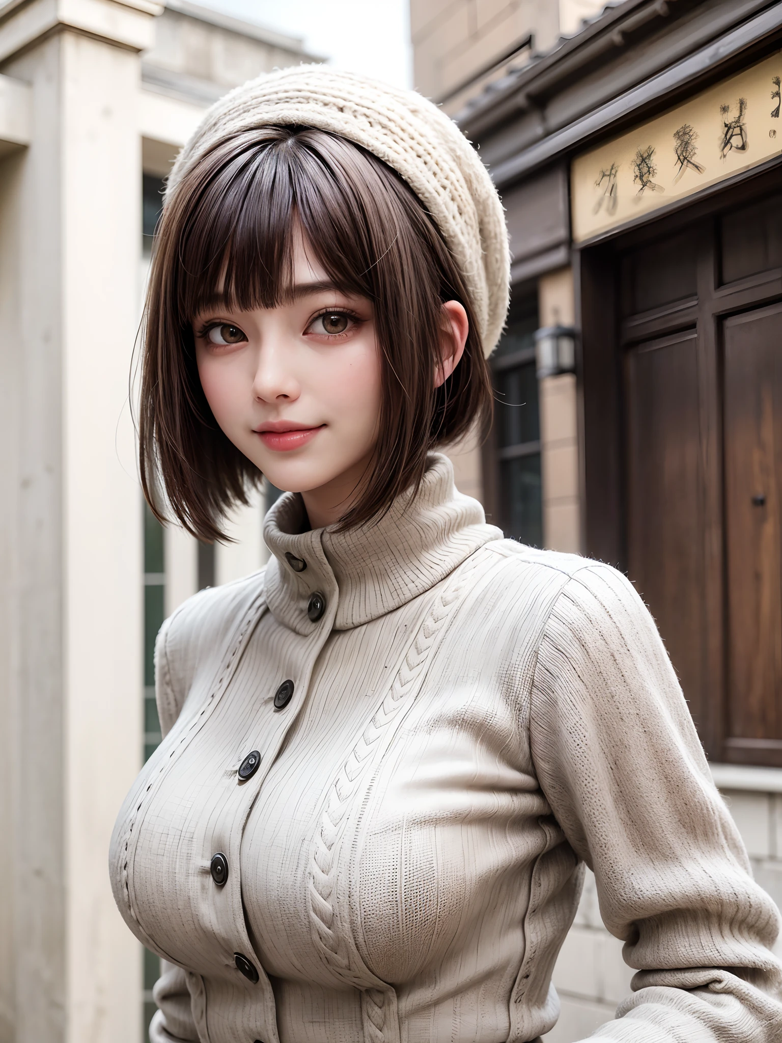 (masterpiece, top-quality、Beautiful woman full of adult charm8),1girl in, 独奏, A dark-haired, scarf, Hats,, realisitic, looking at the viewers, black eyes of light color, shorth hair, coat, Winter clothes, White headscarf, s lips, lipgloss,bangss,, a closed mouth, The upper part of the body、big eye、Lashes、((Street))、((Shorthair with bangs、big eye、Put very strong highlights in your students、very Bigger breasts、gazing at viewer、Very beautiful beauty、Put your ears out、long neck、little smiling、Close your mouth and smile)))、28 year old、Cute supermodels