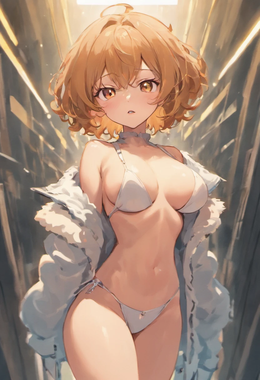 Tan skin, female, anime, gigantic breasts, tan hair, short hair, curly hair, wide hips, white jacket, black bra, open jacket, massive thighs, freckles, thick lips, mature woman