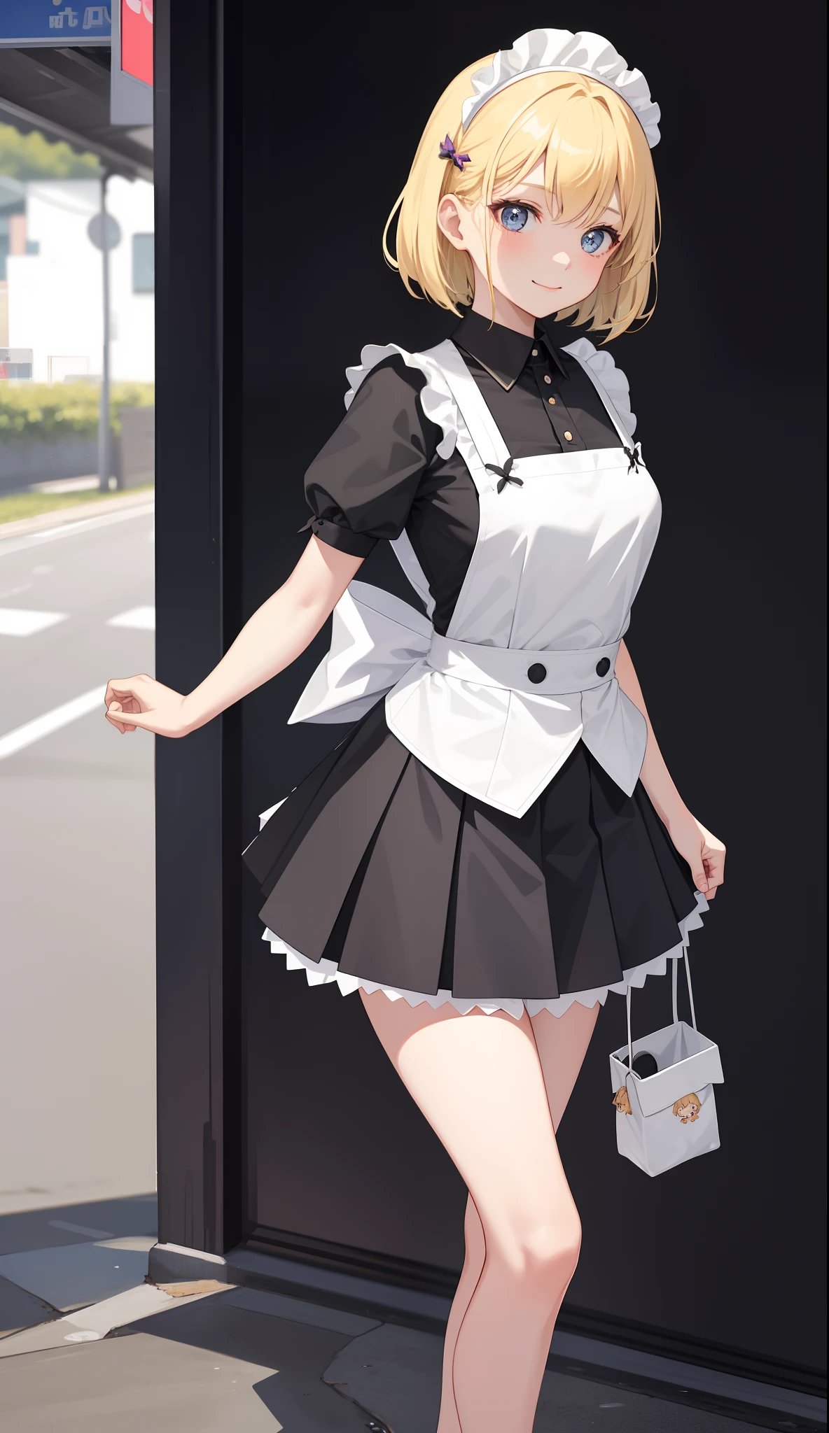 1girl in、AS-Adult、A smile、The shirt、skirt by the、(small tits)、doress、pinafore、Hair decoration、(Maid costume)、Walking with a thigh、Upper body portrait、movement、blonde hair、