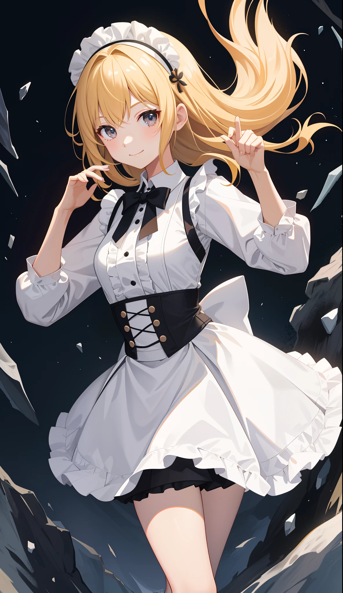 1girl in、AS-Adult、A smile、The shirt、skirt by the、(small tits)、doress、pinafore、Hair decoration、(Maid costume)、Walking with a thigh、Upper body portrait、movement、blonde hair、