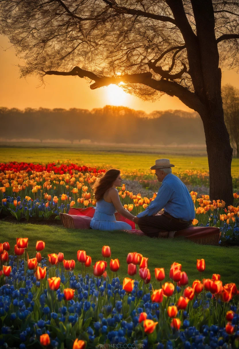 abuelo y su nieta, Amanecer, pradera, tulipanes de color azul.