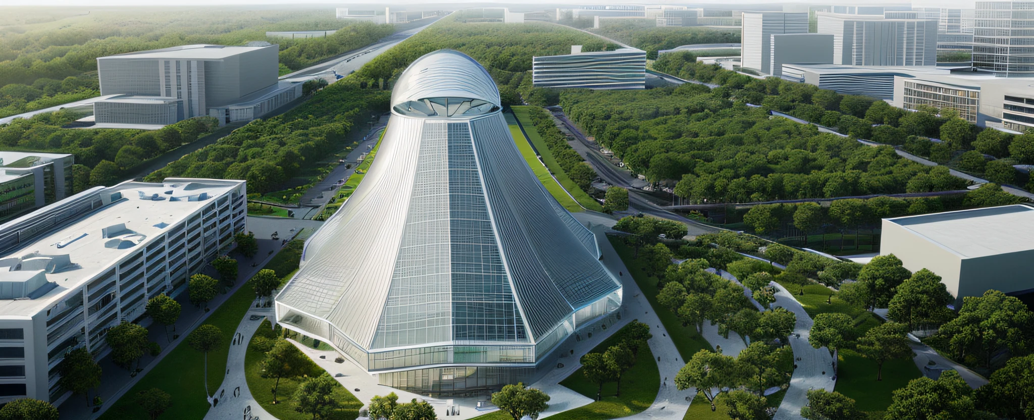 sports building, high angle looking down, There is plenty of greenery around,