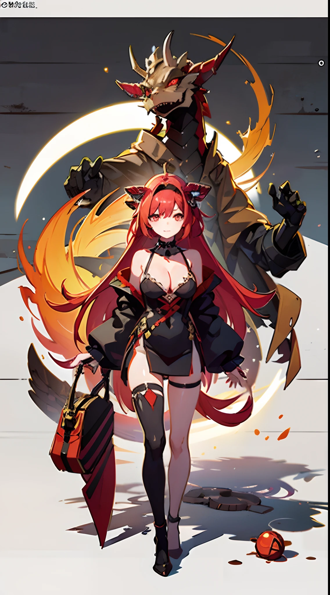 animesque、top-quality、Standing picture、Soio、Whole human body、a beauty girl、innocence、cute little、shiny and detailed red hair、Half Dragon and Half Human、A dragon's horn grows on his head、childish、Detailed cartoon-like red eyes、huge tit、glamor
