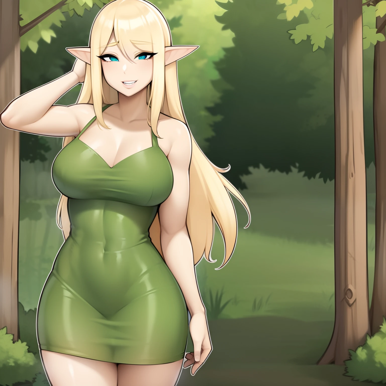 Solo girl, facing camera, long blonde hair, dresss, elf ears, outlined, goddess, in a Forrest, surrounded by nature