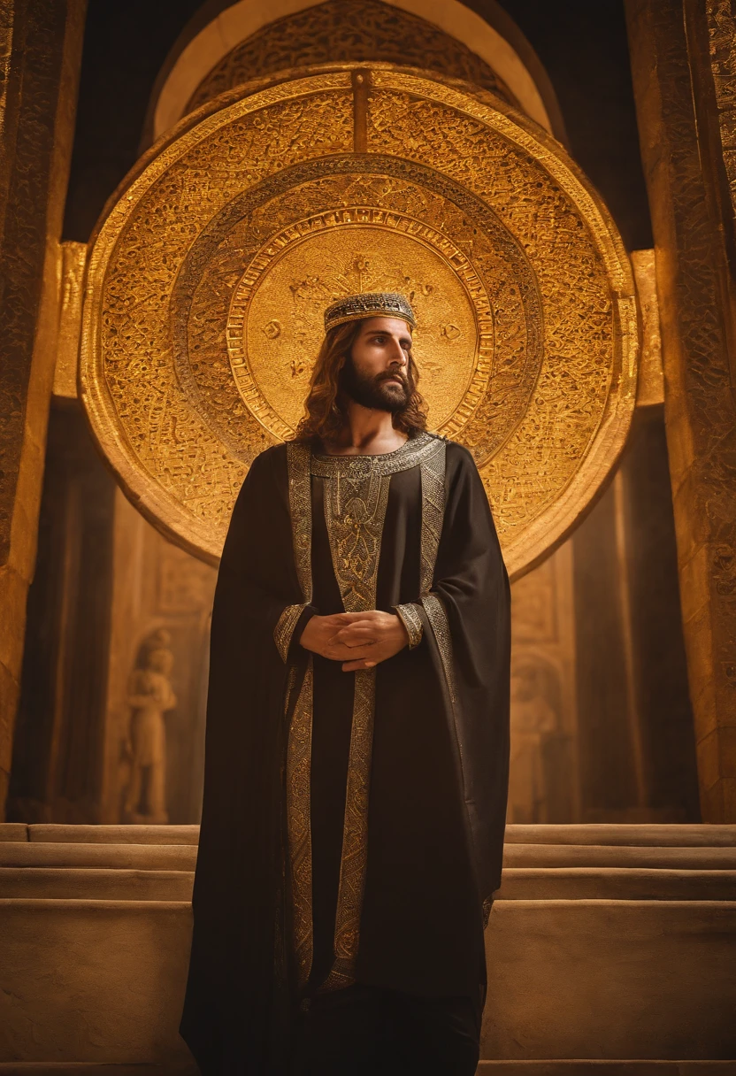 Jesus,warrior, suit, tattoo, smoke, divine, cross, palaces of Israel,Moroccan mosaic,Maroccan Zellige,light beard,cross,whole body looking away,armor,divine light,sacred,holy,spiritual,faith,majestic,forgiveness,redemption,divinity,purity,ancient architecture,golden decorations,marble columns,grandeur,mystical,serene,awe-inspiring,divine presence,peaceful atmosphere,heavenly rays,breathtaking,transcendent,dignified,profound significance,symbolic,humble,glorious,miraculous,faithful followers,protection,strength,endurance,unwavering faith,guidance,deliverance,powerful aura,salvation,eternal love,savior,eternity,tranquil,marvelous craftsmanship,majestic view,breathtaking beauty,spiritual journey,ethereal atmosphere,illumination,devotion,healing,redemptive power,heavenly realm