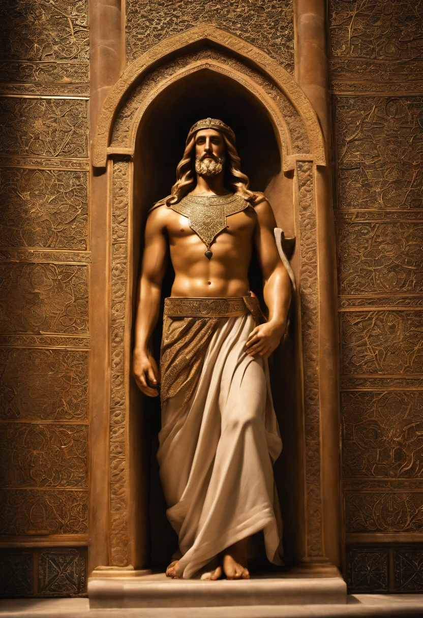 Jesus,warrior, suit, tattoo, smoke, divine, cross, palaces of Israel,Moroccan mosaic,Maroccan Zellige,light beard,cross,whole body looking away,armor,divine light,sacred,holy,spiritual,faith,majestic,forgiveness,redemption,divinity,purity,ancient architecture,golden decorations,marble columns,grandeur,mystical,serene,awe-inspiring,divine presence,peaceful atmosphere,heavenly rays,breathtaking,transcendent,dignified,profound significance,symbolic,humble,glorious,miraculous,faithful followers,protection,strength,endurance,unwavering faith,guidance,deliverance,powerful aura,salvation,eternal love,savior,eternity,tranquil,marvelous craftsmanship,majestic view,breathtaking beauty,spiritual journey,ethereal atmosphere,illumination,devotion,healing,redemptive power,heavenly realm