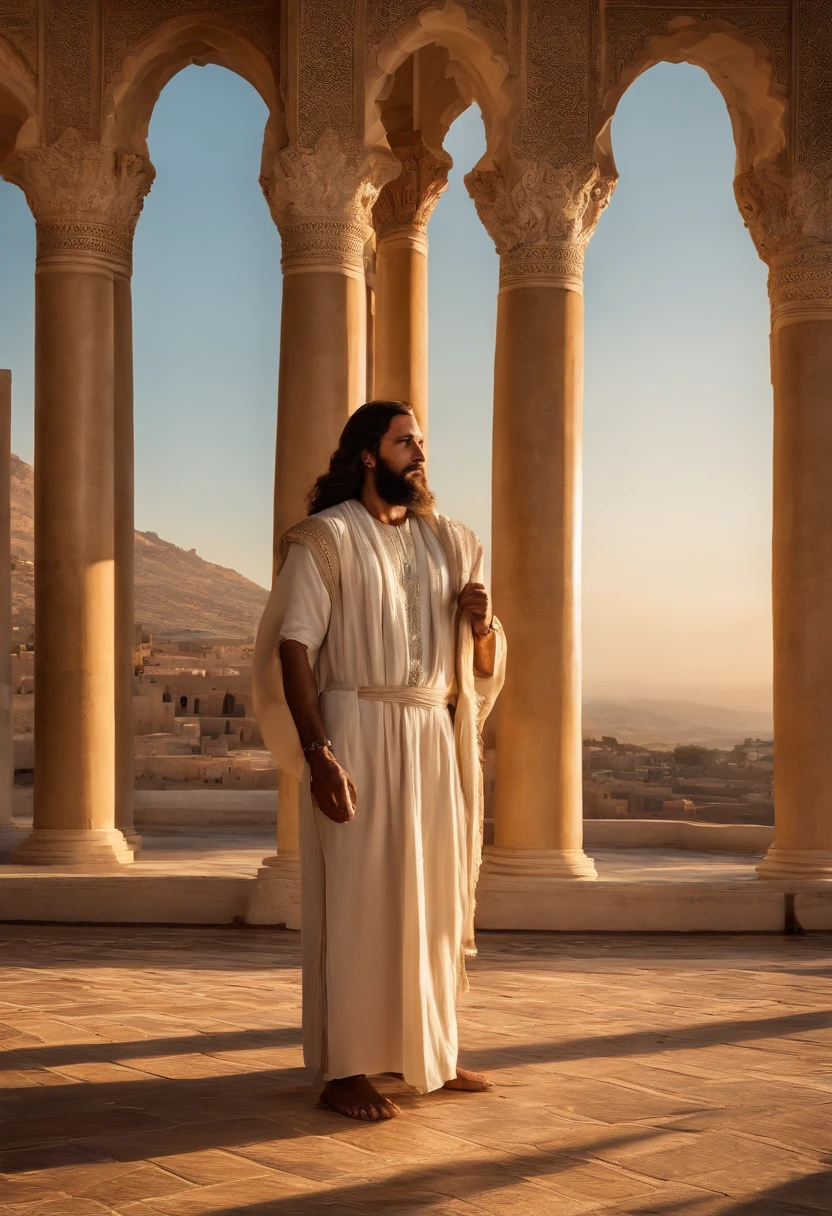 Jesus,warrior, suit, tattoo, smoke, divine, cross, palaces of Israel,Moroccan mosaic,Maroccan Zellige,light beard,cross,whole body looking away,armor,divine light,sacred,holy,spiritual,faith,majestic,forgiveness,redemption,divinity,purity,ancient architecture,golden decorations,marble columns,grandeur,mystical,serene,awe-inspiring,divine presence,peaceful atmosphere,heavenly rays,breathtaking,transcendent,dignified,profound significance,symbolic,humble,glorious,miraculous,faithful followers,protection,strength,endurance,unwavering faith,guidance,deliverance,powerful aura,salvation,eternal love,savior,eternity,tranquil,marvelous craftsmanship,majestic view,breathtaking beauty,spiritual journey,ethereal atmosphere,illumination,devotion,healing,redemptive power,heavenly realm