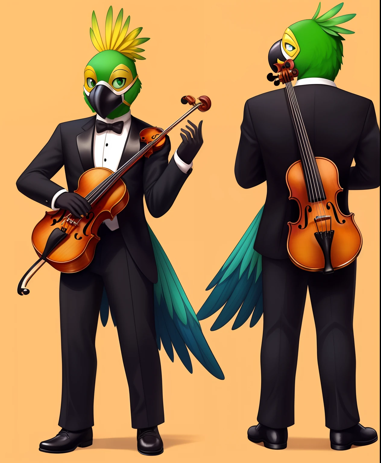 Fiddlefeather the male anthro parrot supervillain, holding a violin and a bow, Mask: half face mask with a feathered design, A tuxedo with music notes 🎶 as a pattern, full body view