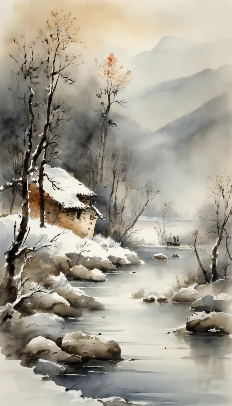 Chinese landscape painting，ink and watercolor painting，water ink，ink，Smudge，Faraway view，Ultra-wide viewing angle，Meticulous，Fishing boat vistas，Meticulous，Smudge，low-saturation，Low contrast，Fishing alone in the cold river snow，snow landscape，Beautifully depicted，A detailed，acurate，Works of masters，tmasterpiece