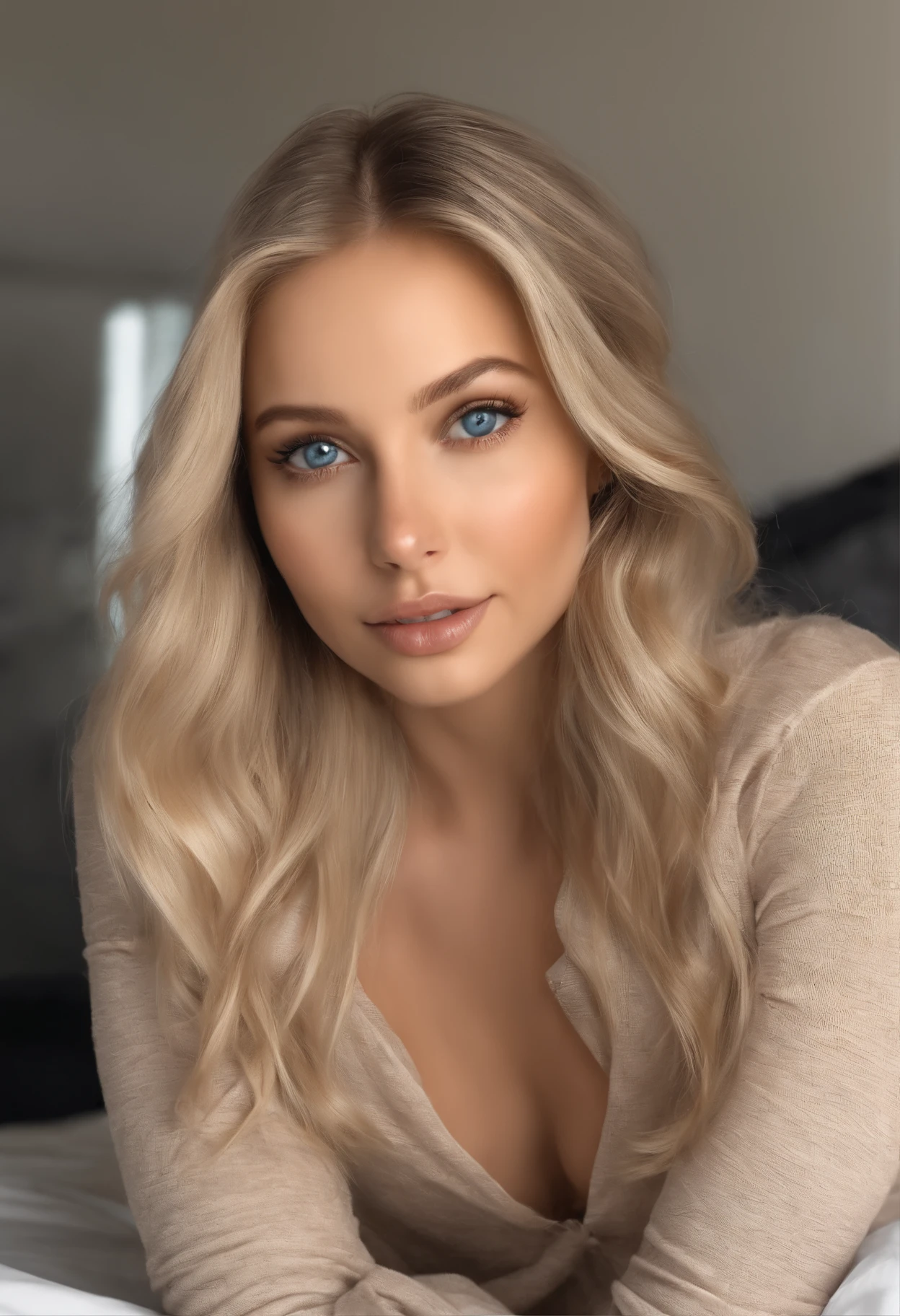 arafed woman fully , sexy girl with blue eyes, ultra realistic, meticulously detailed, portrait sophie mudd, blonde hair and large eyes, selfie of a young woman, bedroom eyes, violet myers, without makeup, natural makeup, looking directly at the camera, face with artgram, subtle makeup, stunning full body shot kneeling on bed, in bedroom, medium to large size bust