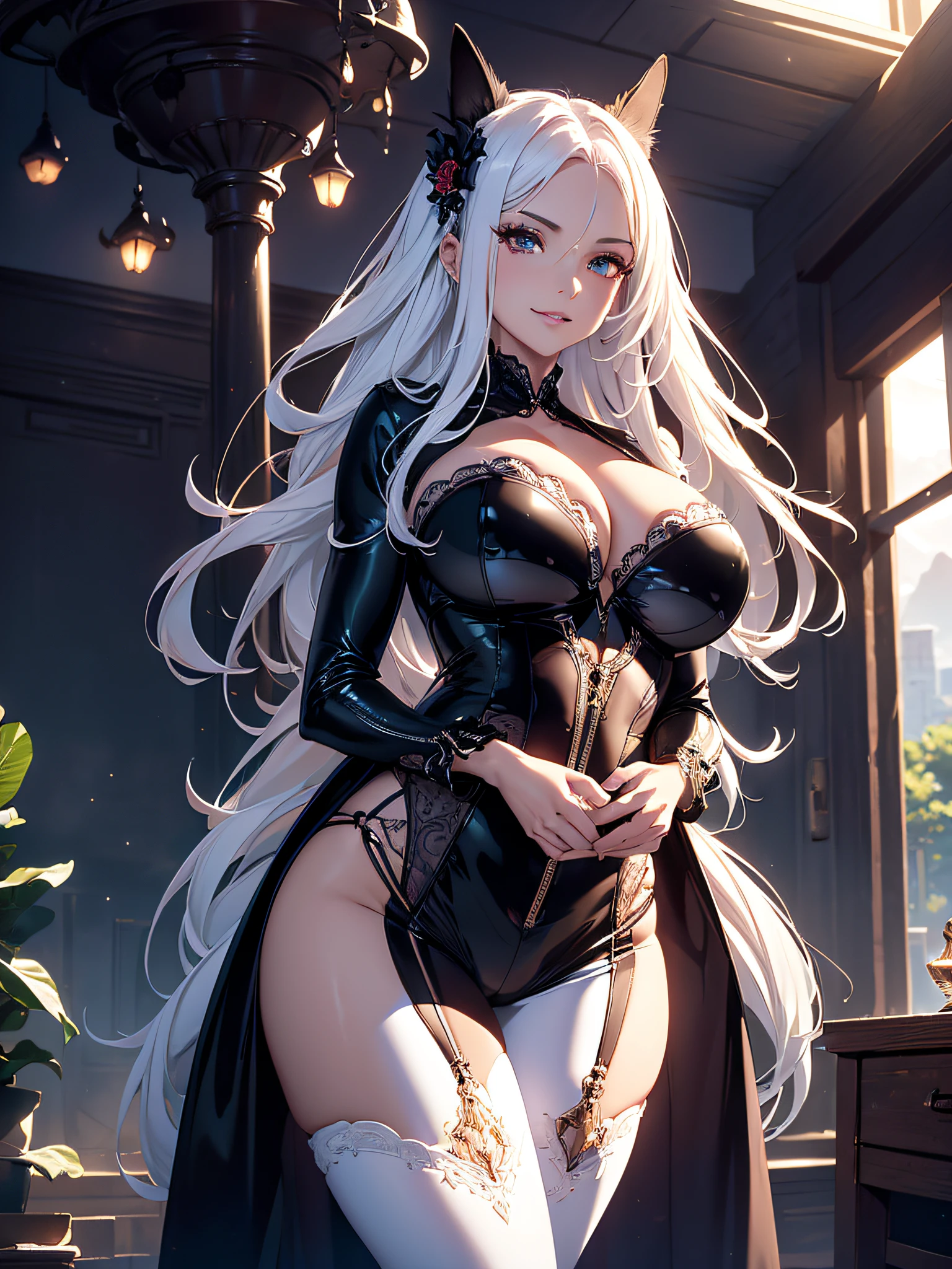 Uma La Catrina, Look of superiority, with devilish smile, long white hair, full body tight latex jumpsuit, cleavage, perfect breasts, big ass, Full body, {extremely detailed 8k CG unit wallpaper}, photography by expansive landscape, (a view from below with focus on the character and setting), (wide view of open field), (low angle shot), (high light: 1.4), (low light: 1.5), (light source warm: 1.5), complex details, (iridescent colors: 1.4), (bright lighting), (atmospheric lighting), dreamy, NFSW, sensual poses
