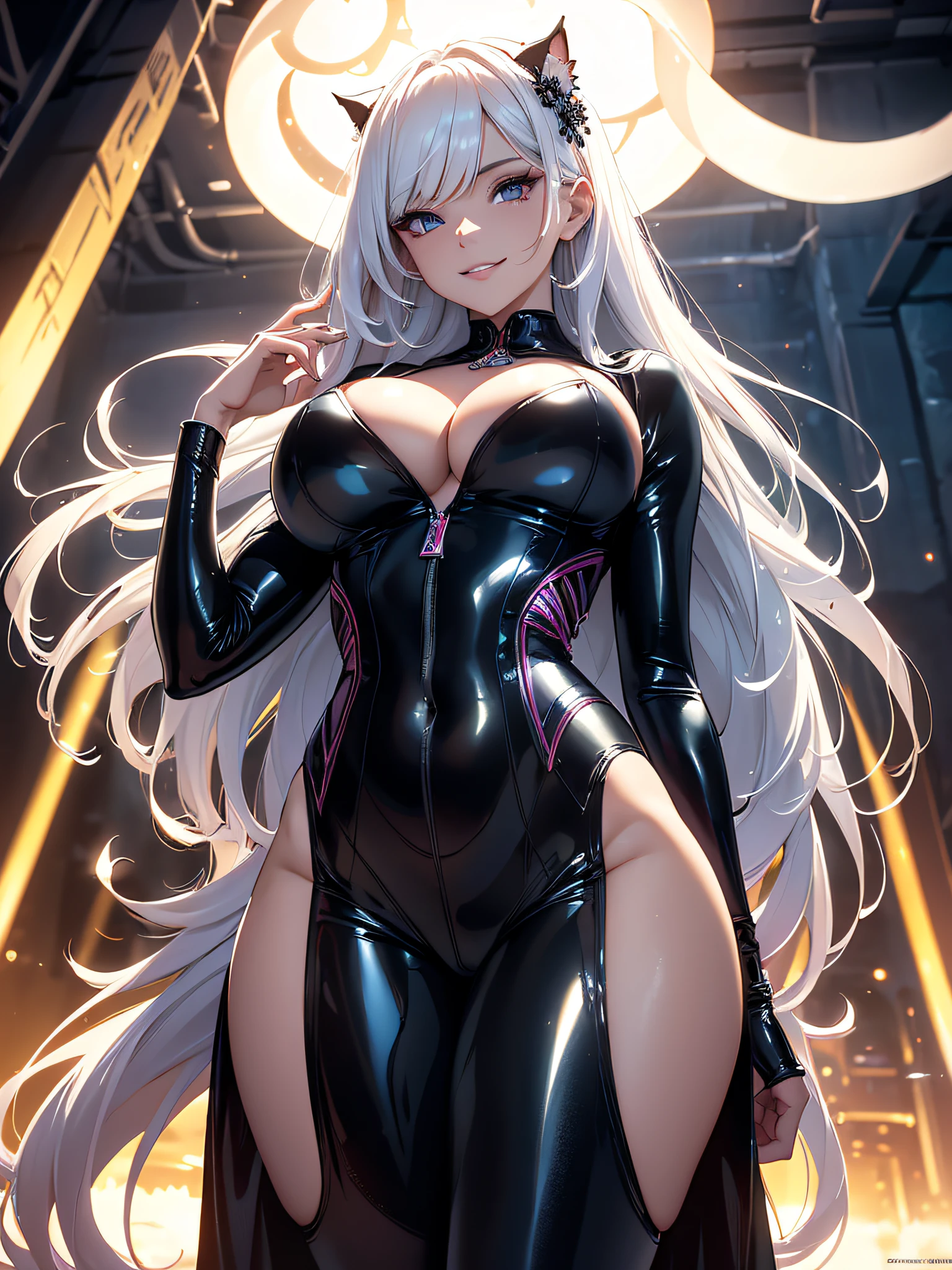 Uma La Catrina, Look of superiority, with devilish smile, long white hair, full body tight latex jumpsuit, cleavage, perfect breasts, big ass, Full body, {extremely detailed 8k CG unit wallpaper}, photography by expansive landscape, (a view from below with focus on the character and setting), (wide view of open field), (low angle shot), (high light: 1.4), (low light: 1.5), (light source warm: 1.5), complex details, (iridescent colors: 1.4), (bright lighting), (atmospheric lighting), dreamy, NFSW, sensual poses