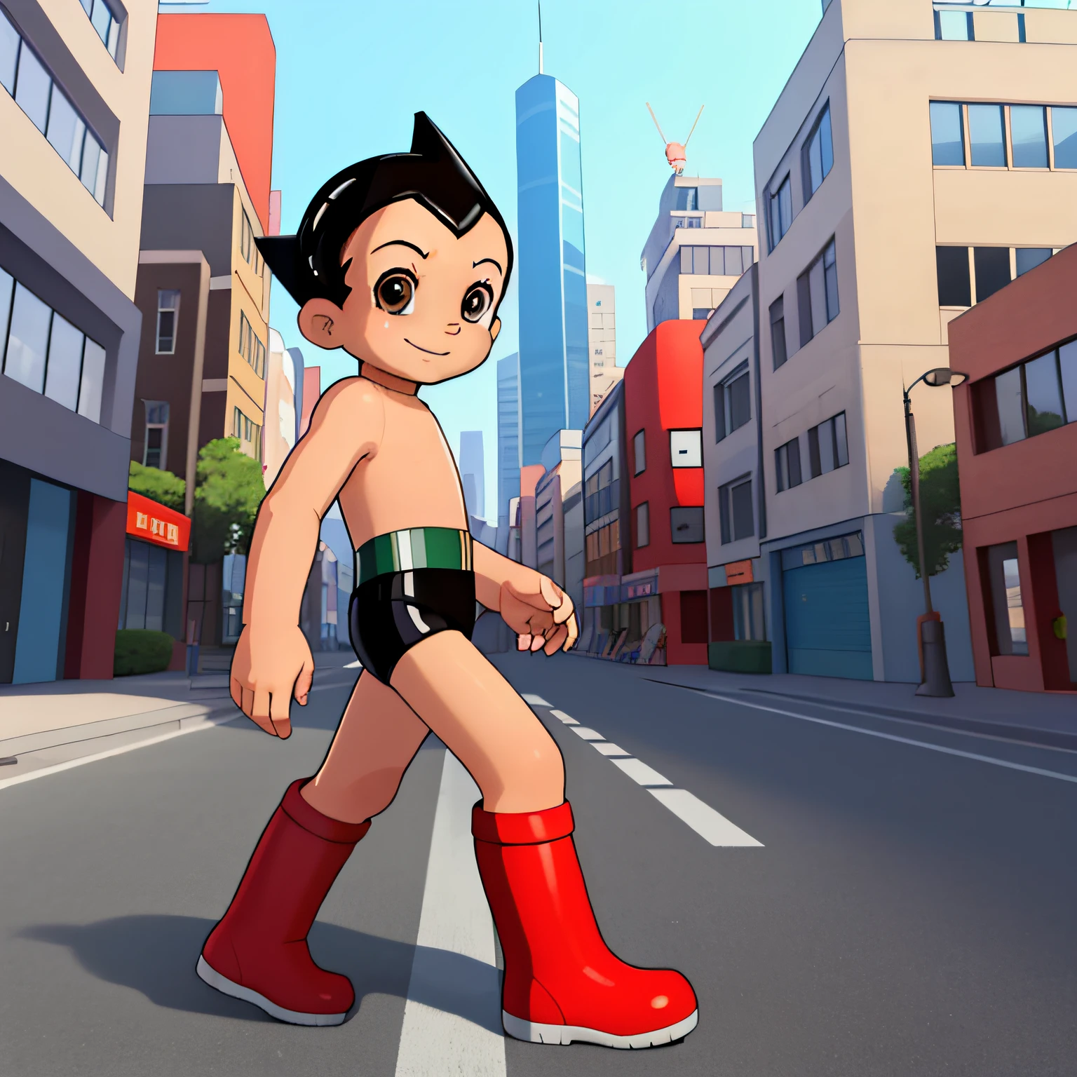 ((masterpiece, best quality)),(complex light),solo,solo focus,1boy,astro boy,black hair, brown eyes,red boots, smiling, looking at viewer, walking down city