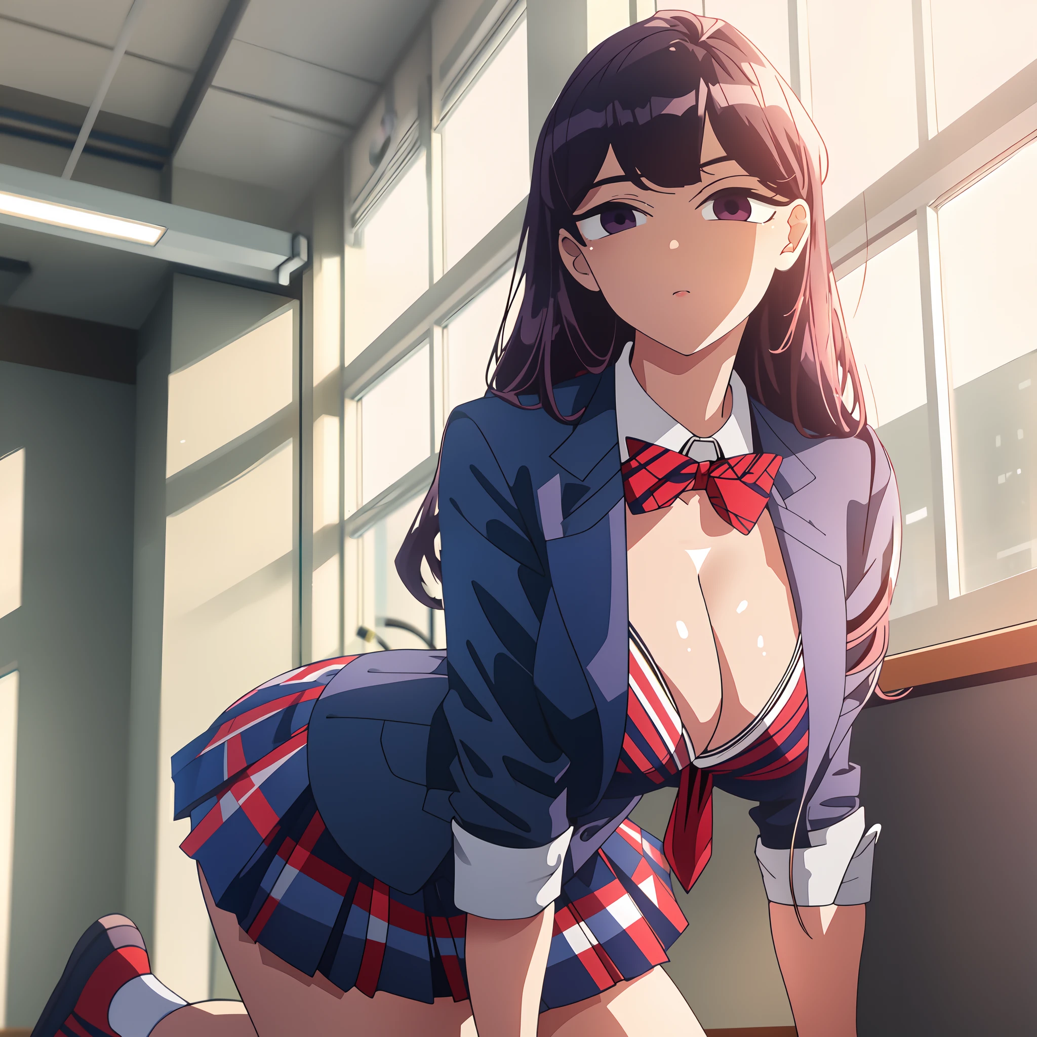 a highly detailed illustration of kneeling ShokoKomidef ,slim body,slender body,(large breast,sideboob),clevage,adapted school uniform to show side boobs and cleavage,blue blazer with whites shirt and red bow tie,red striped skirt,purple hair,purple eyes,long hair,beautiful cold girl eyes,looking at viewer,soft smile,school gym,gym school interior,school gym court,,infront of the gym storage room,perfect,beautiful,sexy,thicc thighs,,desk,floor,chair,cleavage,anime big eyes,anime face,anime body,long exposure,detailed background,(masterpiece), (best quality), (detailed),detailed face and Clothing,