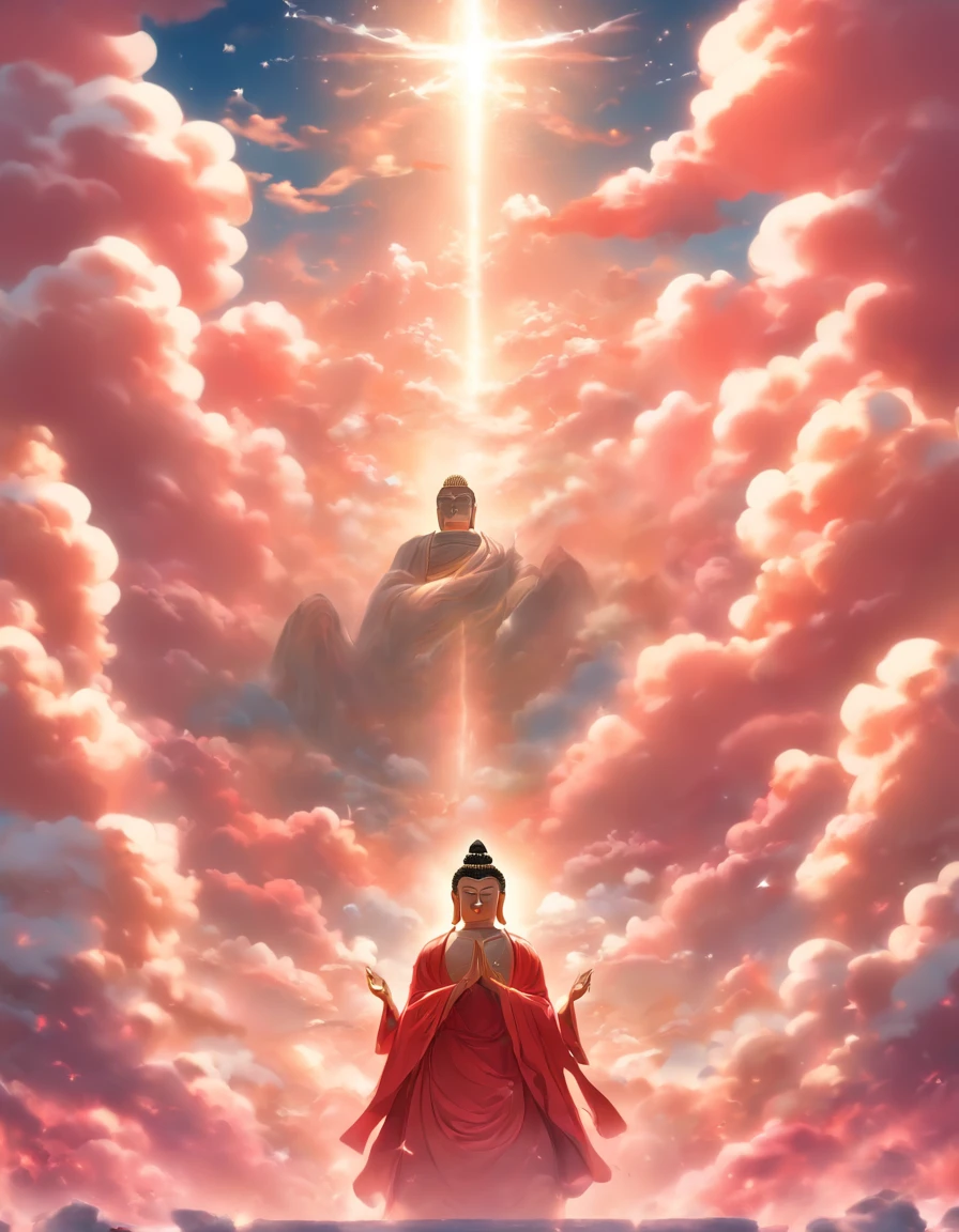 ((masutepiece)),(Best Quality)),china style,In the sky, The clouds form a huge transparent and shining white jade Maitreya Buddha image,Thick clouds,sun shining,Pilgrims on the road,Hyper-realistic,Ultra photo realsisim,Pink,8K,High Definition,high quarity,Works of masters,super-fine,(((OC Renderer)))