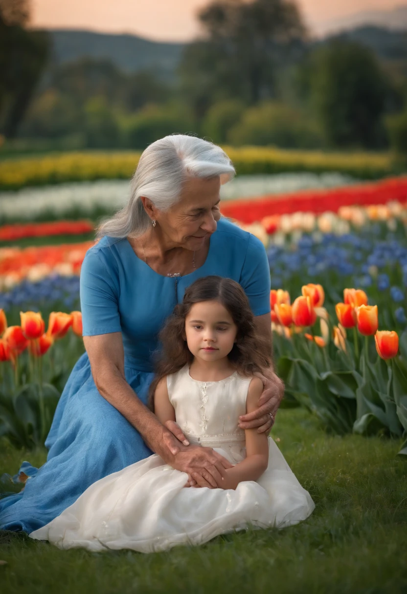abuelo y su nieta, Amanecer, pradera, tulipanes de color azul. Grandfather has light cream skin color and his granddaughter has black hair with pale white skin color in a blue dress sitting on the grass.