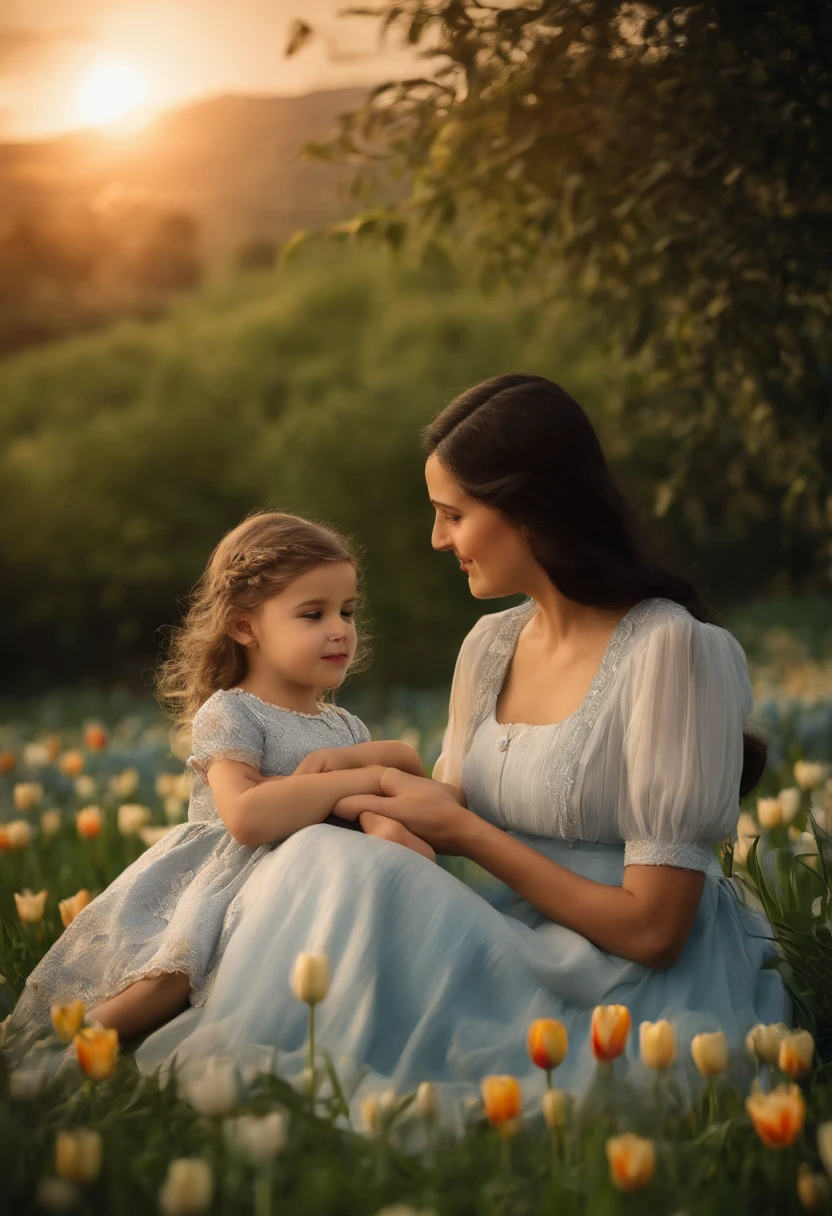 master piece of women sitting with her kid in garden of lavender
