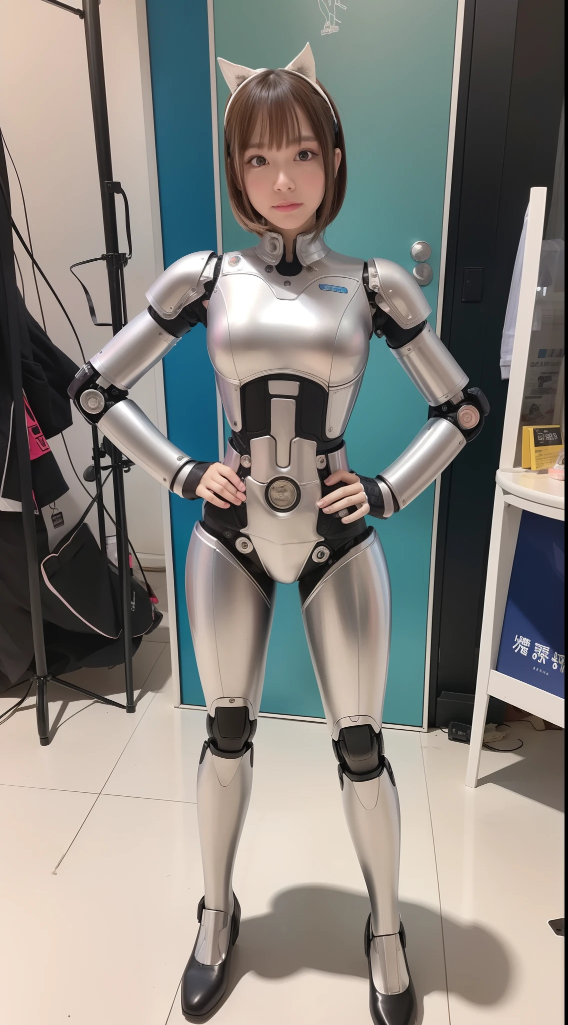 cyborgs, pink there, Silver, metalic, Robot Parts, Metal Parts, Super Detailed Face, Super well-formed face, of the highest quality, a small face, Full body, Brown hair, Slender body, Camera gaze, Internal Mechanical Exposure, Idol, Well-proportioned body, gravure, Photo session, akihabara, Moe Pose, front facing, Standing with legs open, Hands on hips, Model body type, sad, Embarrassing, Perfect Robot Girl, Perfect machine body