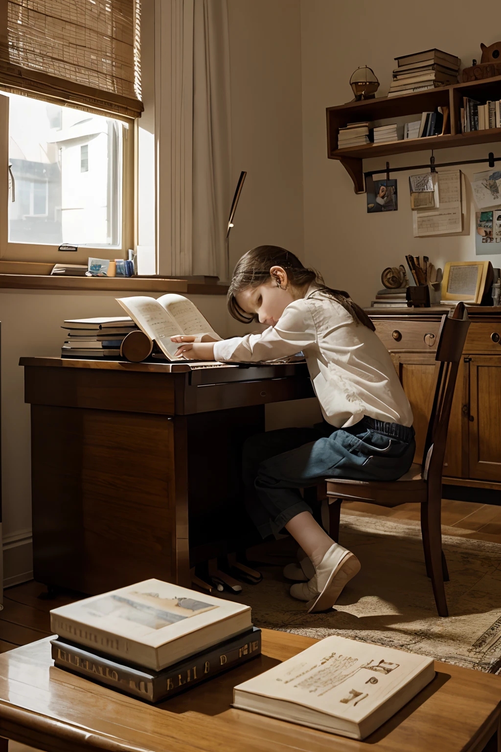 The child does homework at the desk，Books are piled on the table.  piano in the background, Violins and other musical instruments