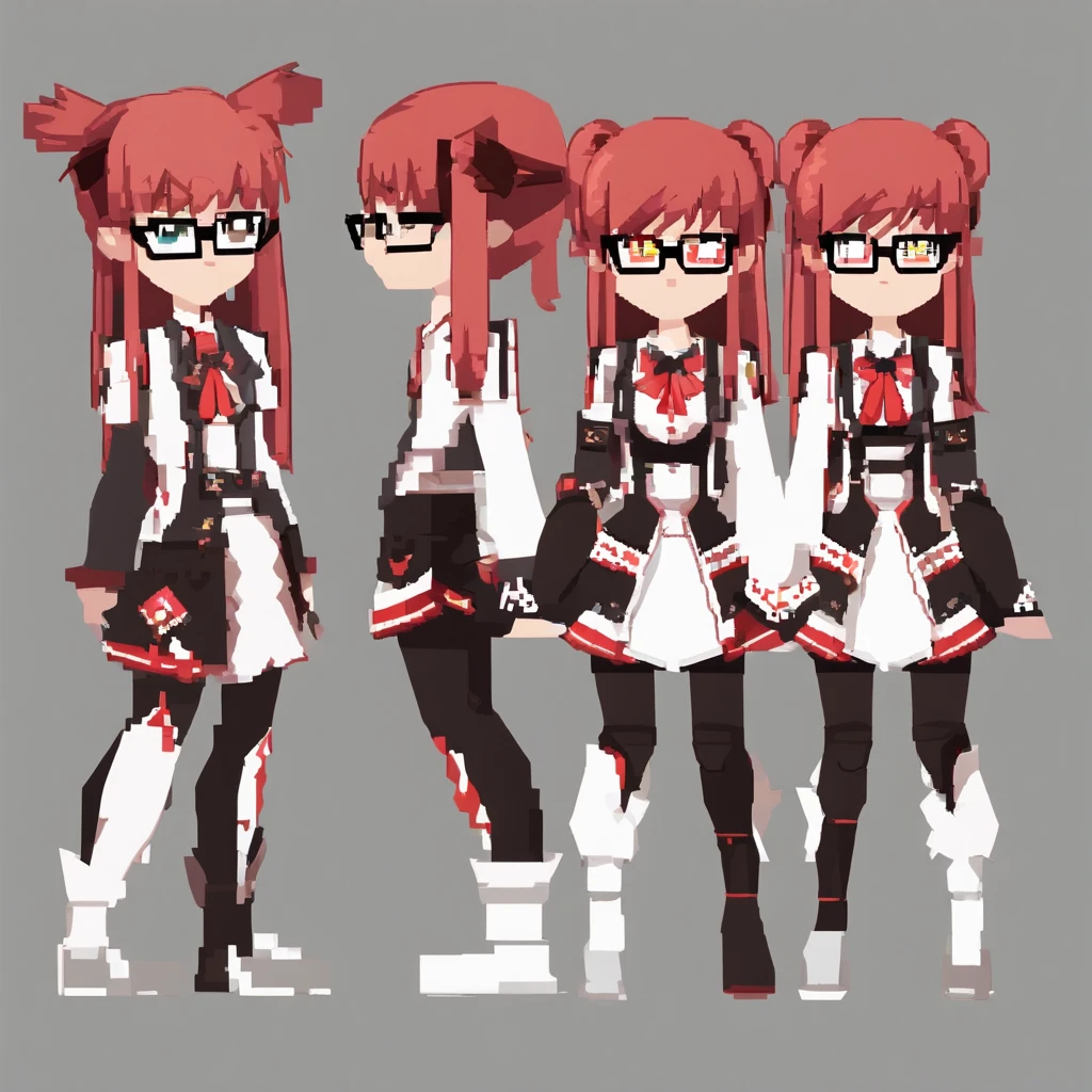 1girl,fullbody,chibi,((red-framed)) (under-rim) glasses, 
red eyes,12 years old, (side swept bangs:1.8), asymmetrical bangs,red hair, [short] hair,simple background