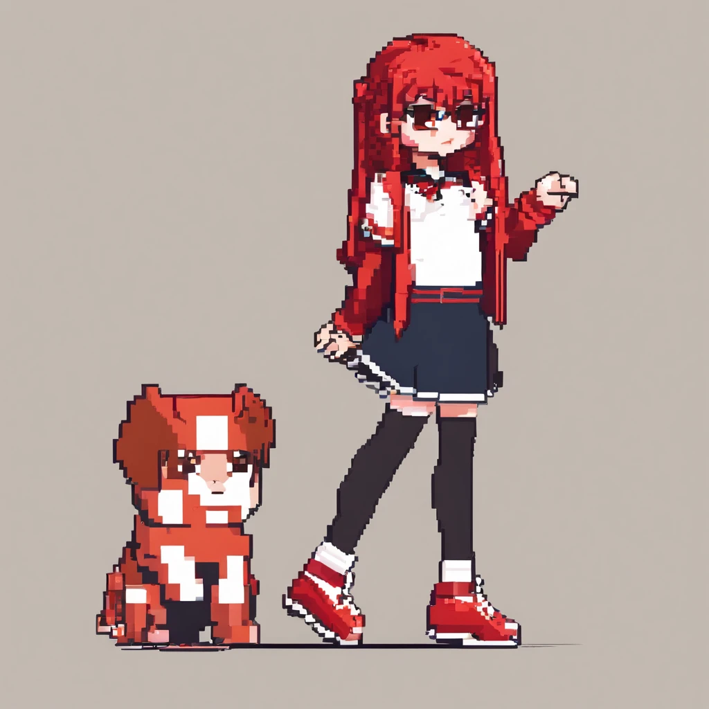 1girl,fullbody,chibi,((red-framed)) (under-rim) glasses, 
red eyes,12 years old, (side swept bangs:1.8), asymmetrical bangs,red hair, [short] hair,simple background