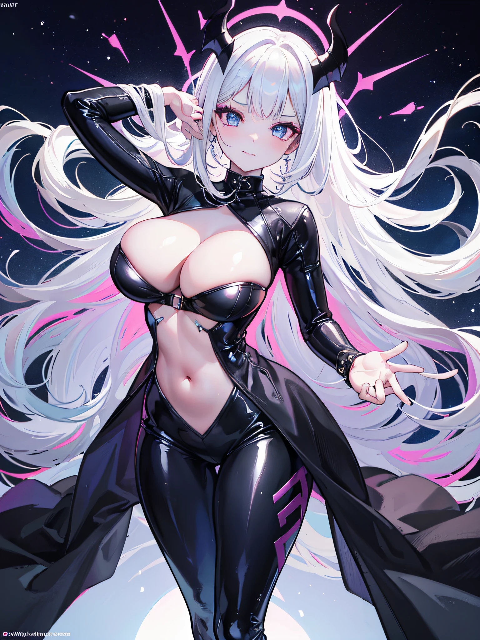 A girl with La Catrina makeup, looking from above with devilish smile, long white hair, tight latex catsuit on full body, cleavage, perfect breasts, big ass, Full body, {extremely detailed 8k CG unit wallpaper} , expansive landscape photography, (a low view focusing on the character and setting), (wide open field view), (low angle shot), (high light: 1.4), (low light: 1.5), ( warm light source: 1.5), complex details, (iridescent colors: 1.4), (bright lighting), (atmospheric lighting), dreamy, NFSW, sensual poses, erotic