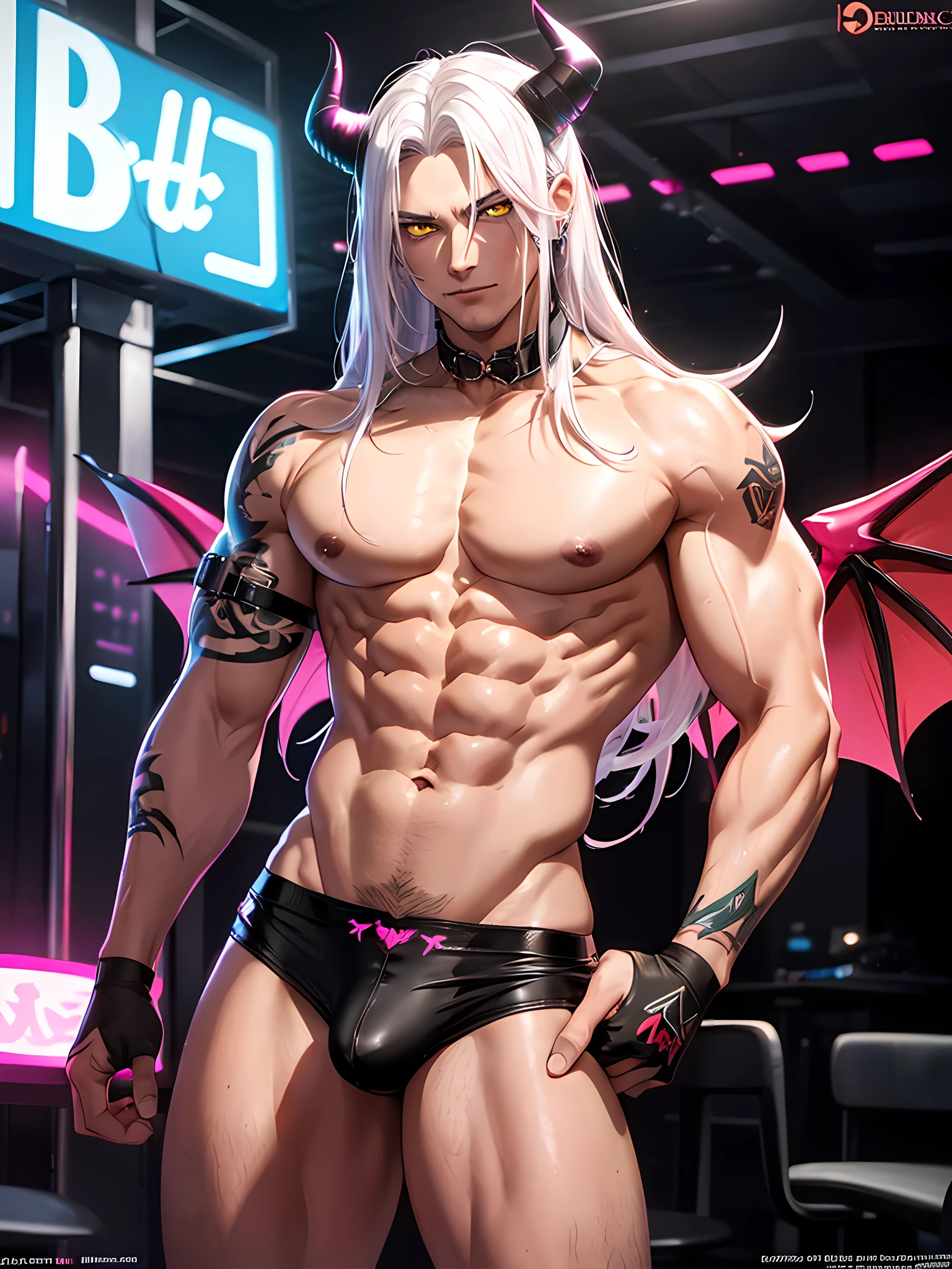 Top quality, Photorealistic, 8K, High Definition, Unity 8K wallpaper, high res, ultra sharp, masterpiece, ((masterpiece)), best quality, expressive eyes, perfect face, Super eyes, masterpiece, highly detailed exquisite character art, epic fantasy digital art style, detailed digital 3D fantasy art, ultra-realistic, detailed abs, strong jawline, sexy incubus muscle male incubus with white hair neon yellow eyes tattoos, red horns, red devil wings, seduction, mature male, (in a strip club), pole-dancing spotlights, audience, male butt, neon full body tattoos, neon coat, devil ears, male, glowing neon crotch tattoo, love eyes, (extreme blushing)